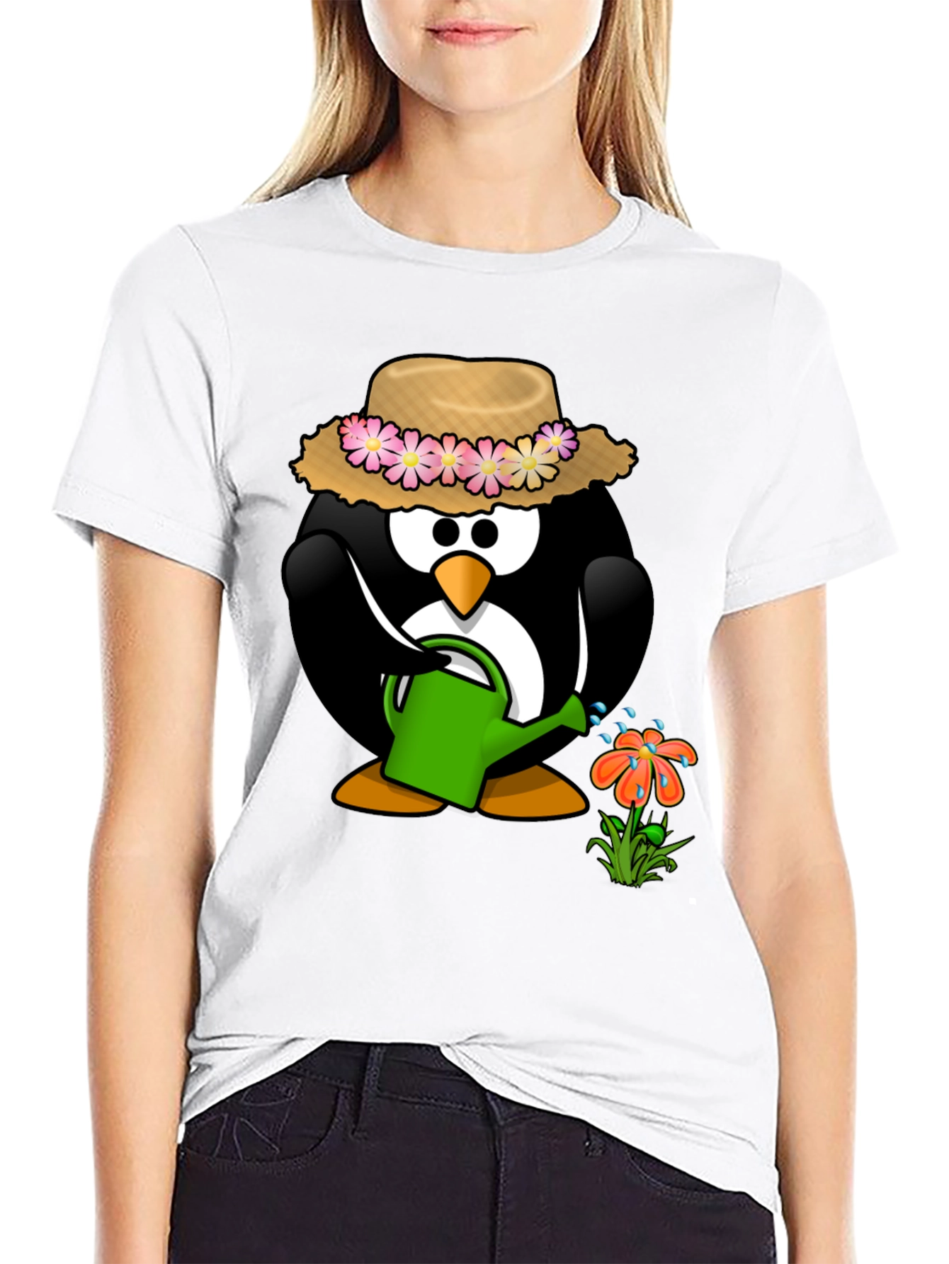 Gardening Penguin Graphic Tee - Black Cotton T-Shirt