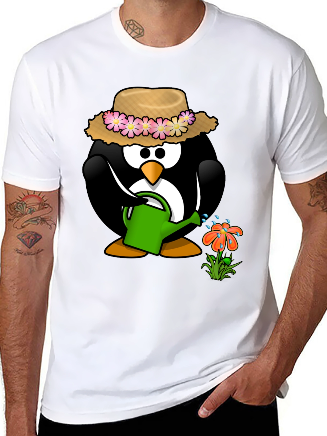 Gardening Penguin Graphic Tee - Black Cotton T-Shirt