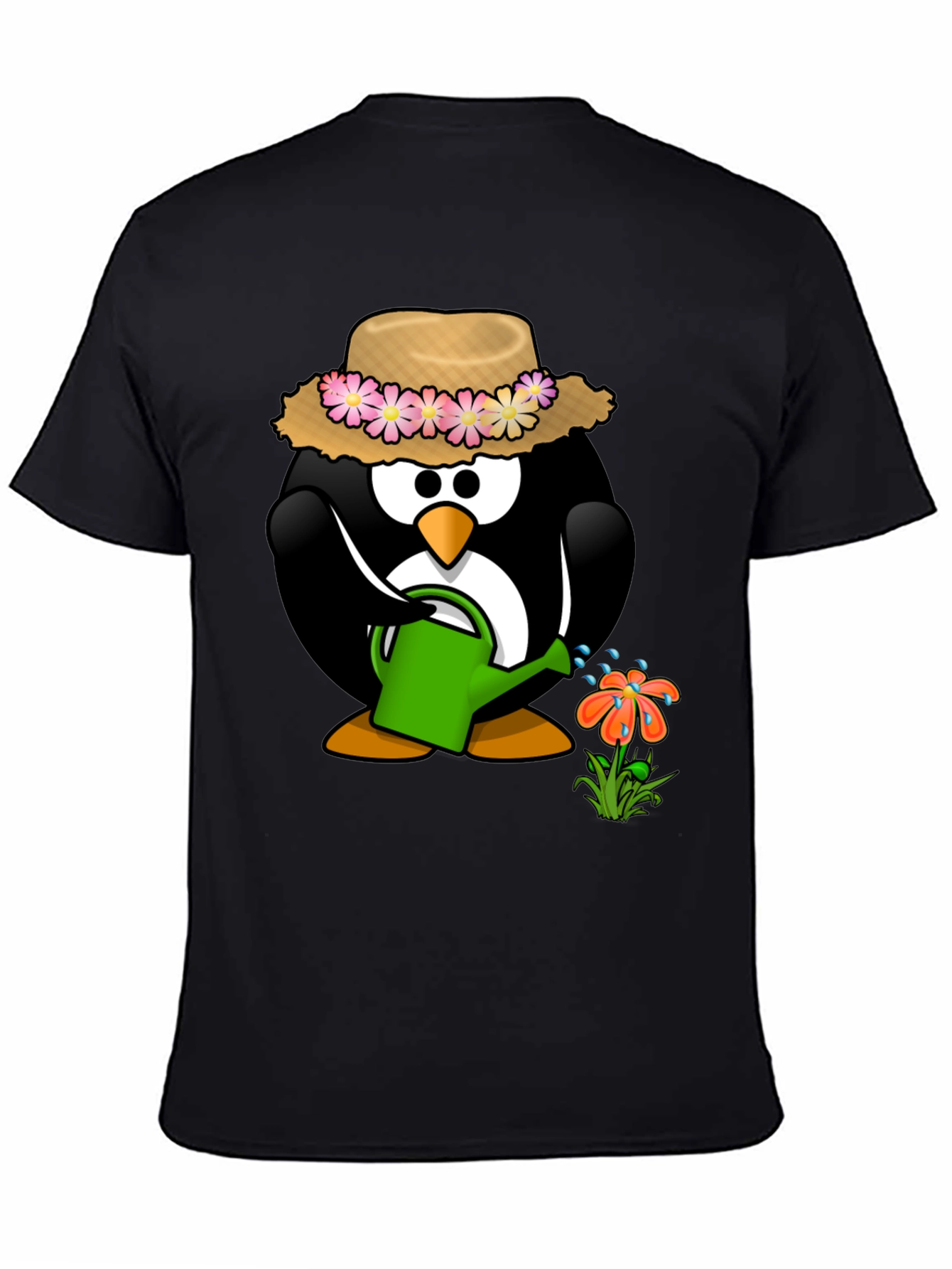 Gardening Penguin Graphic Tee - Black Cotton T-Shirt