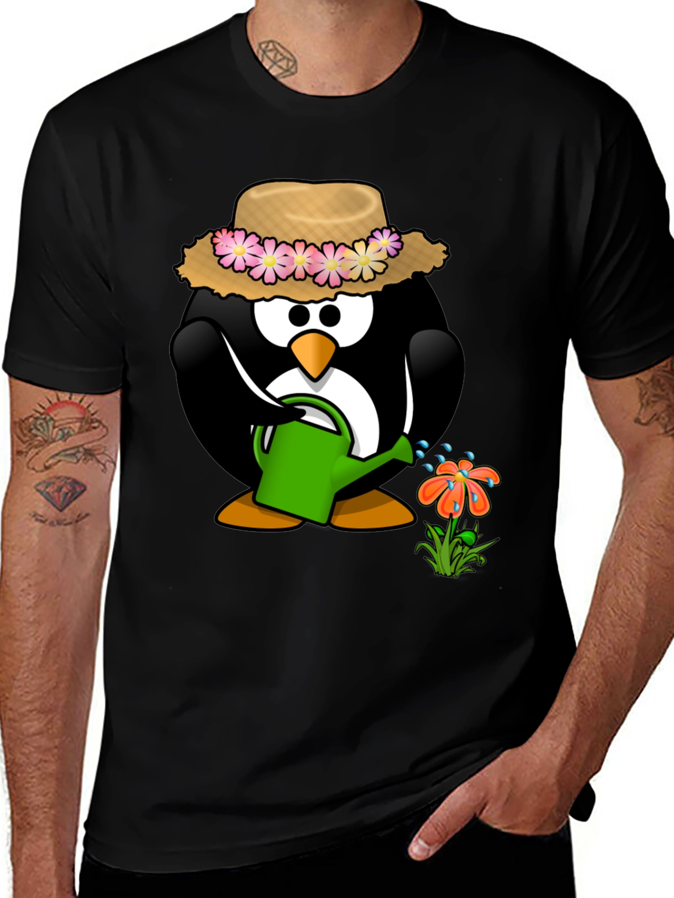 Gardening Penguin Graphic Tee - Black Cotton T-Shirt