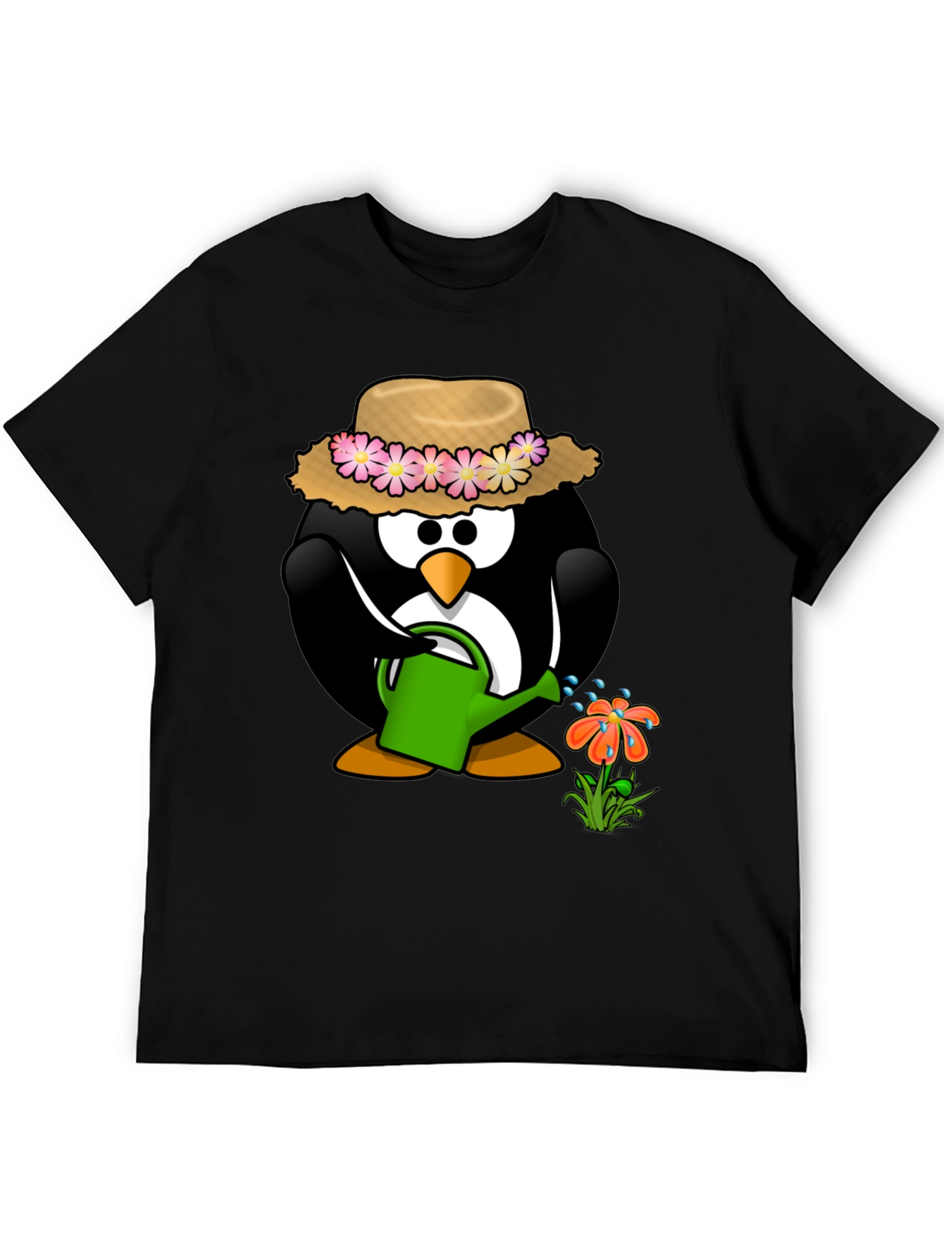 Gardening Penguin Graphic Tee - Black Cotton T-Shirt