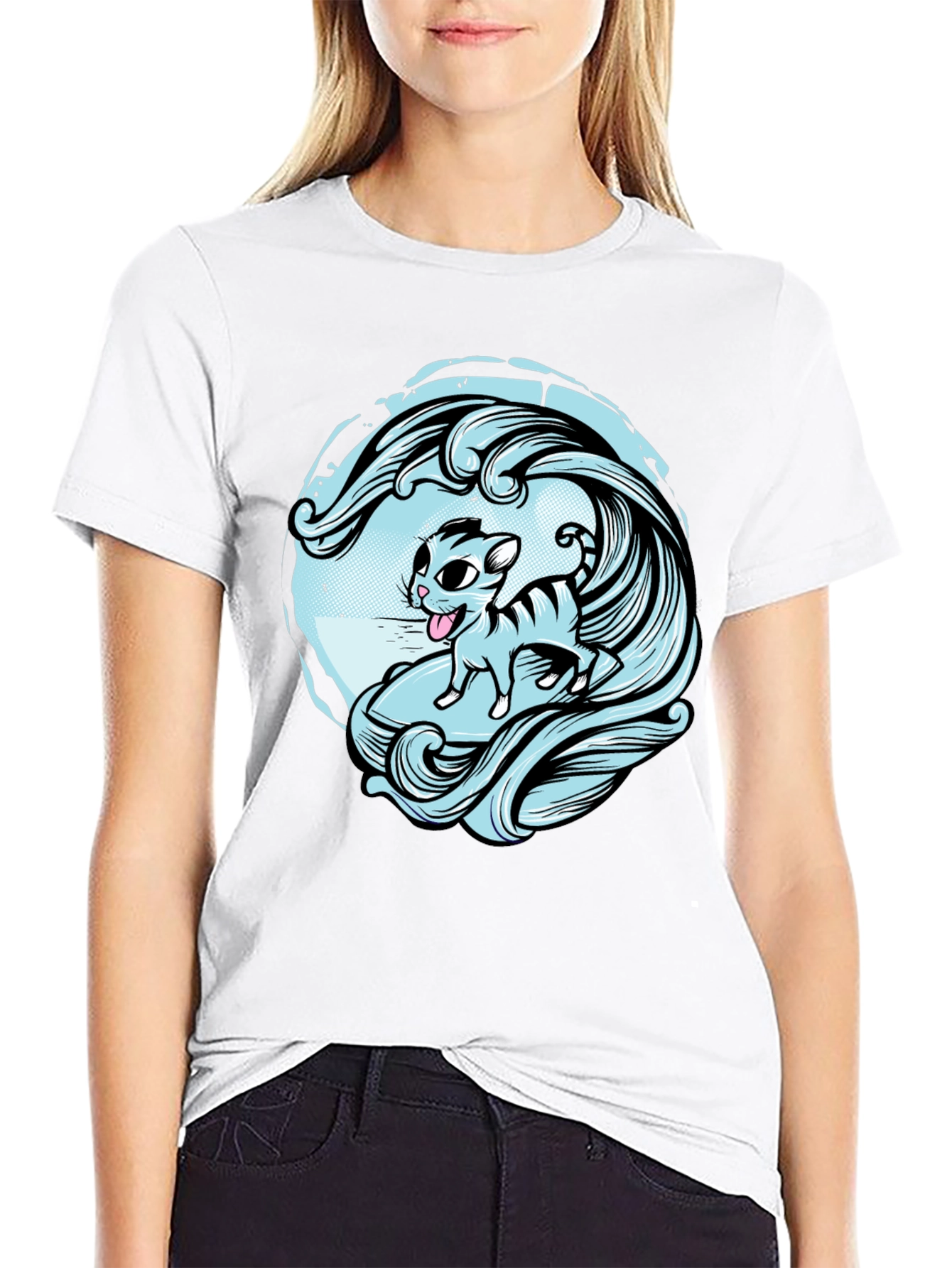 Surfing Cat Graphic Tee - Cool Wave Design