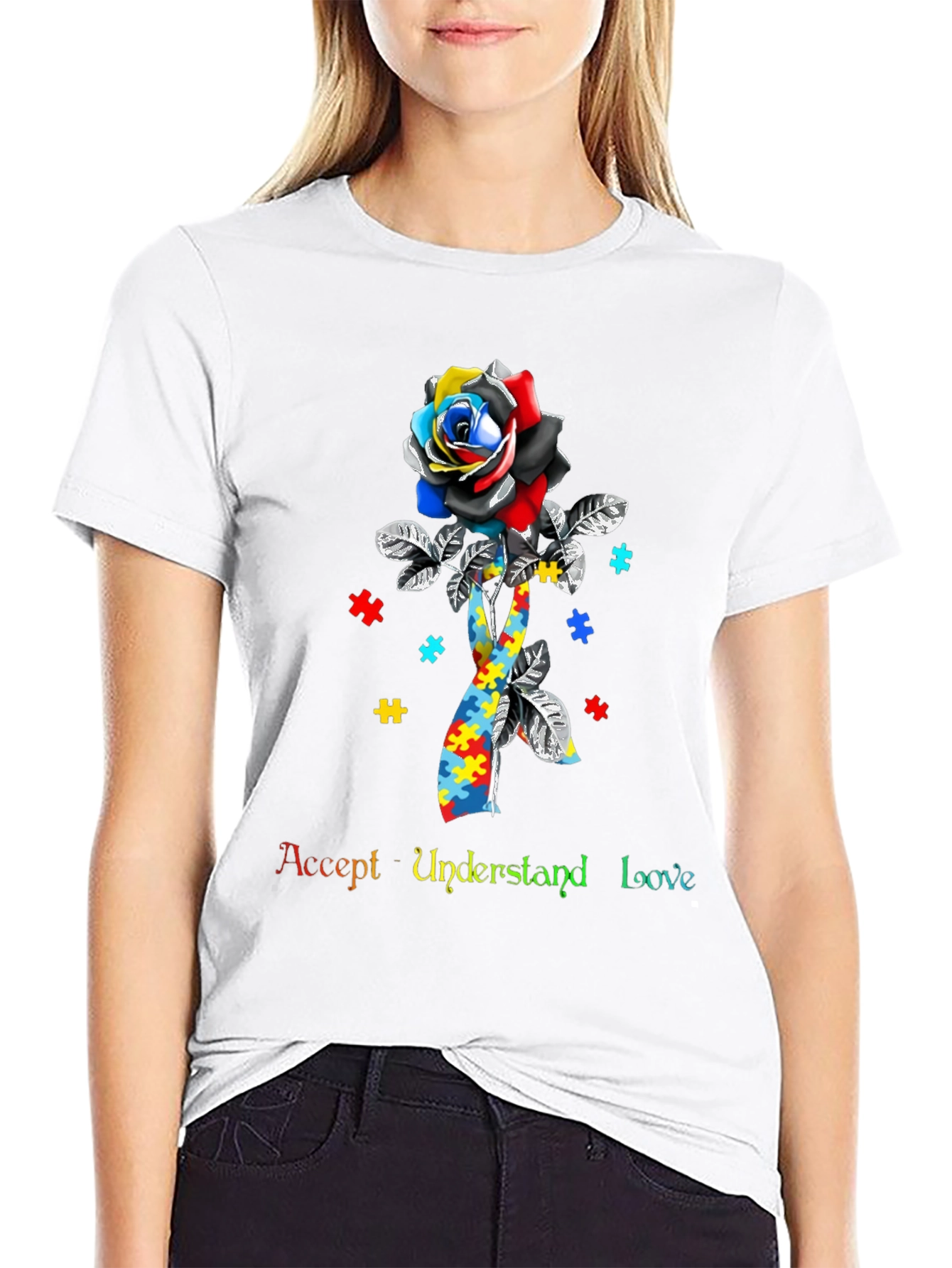 Autism Awareness Rose T-Shirt - Accept Understand Love