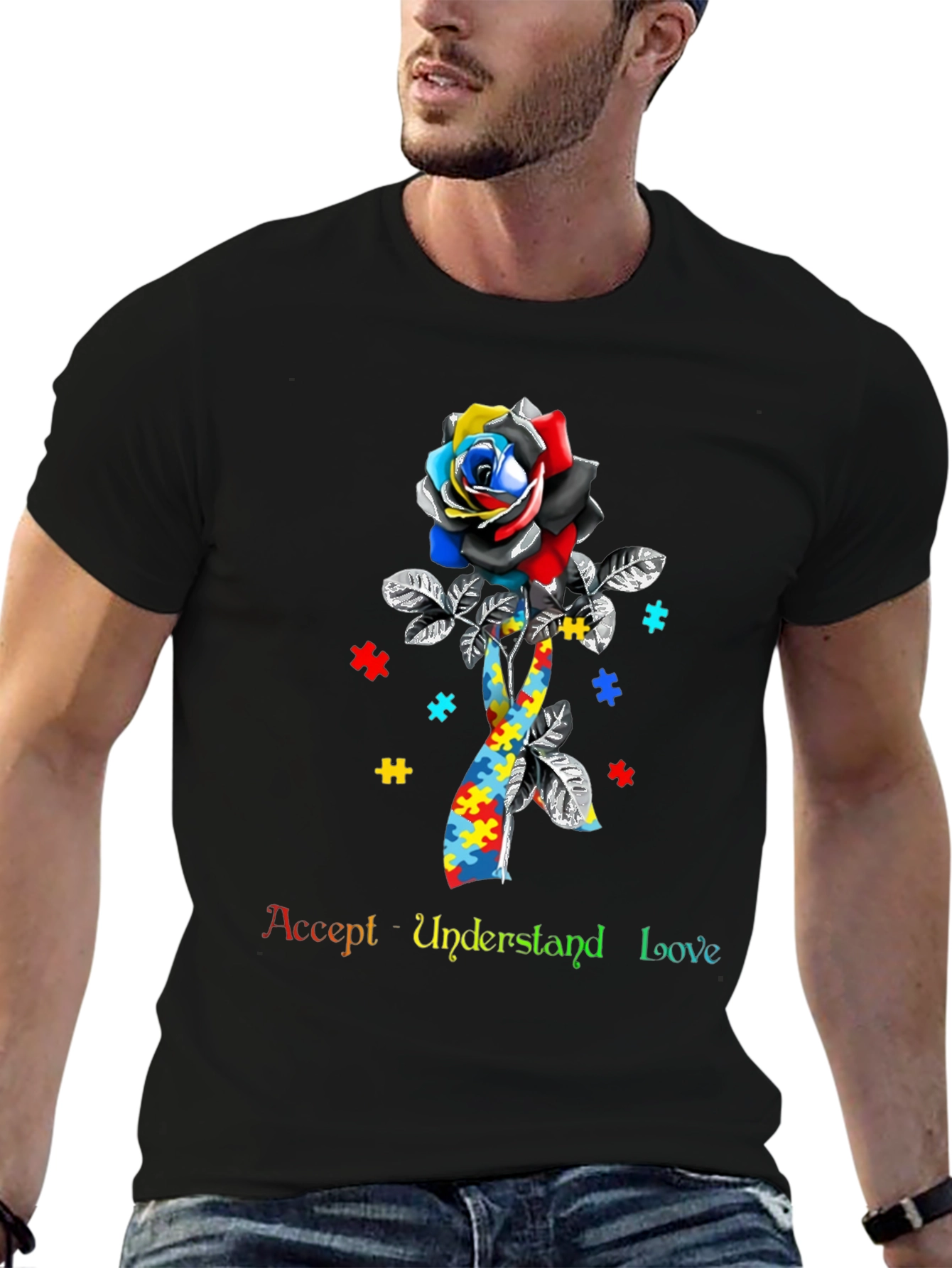 Autism Awareness Rose T-Shirt - Accept Understand Love