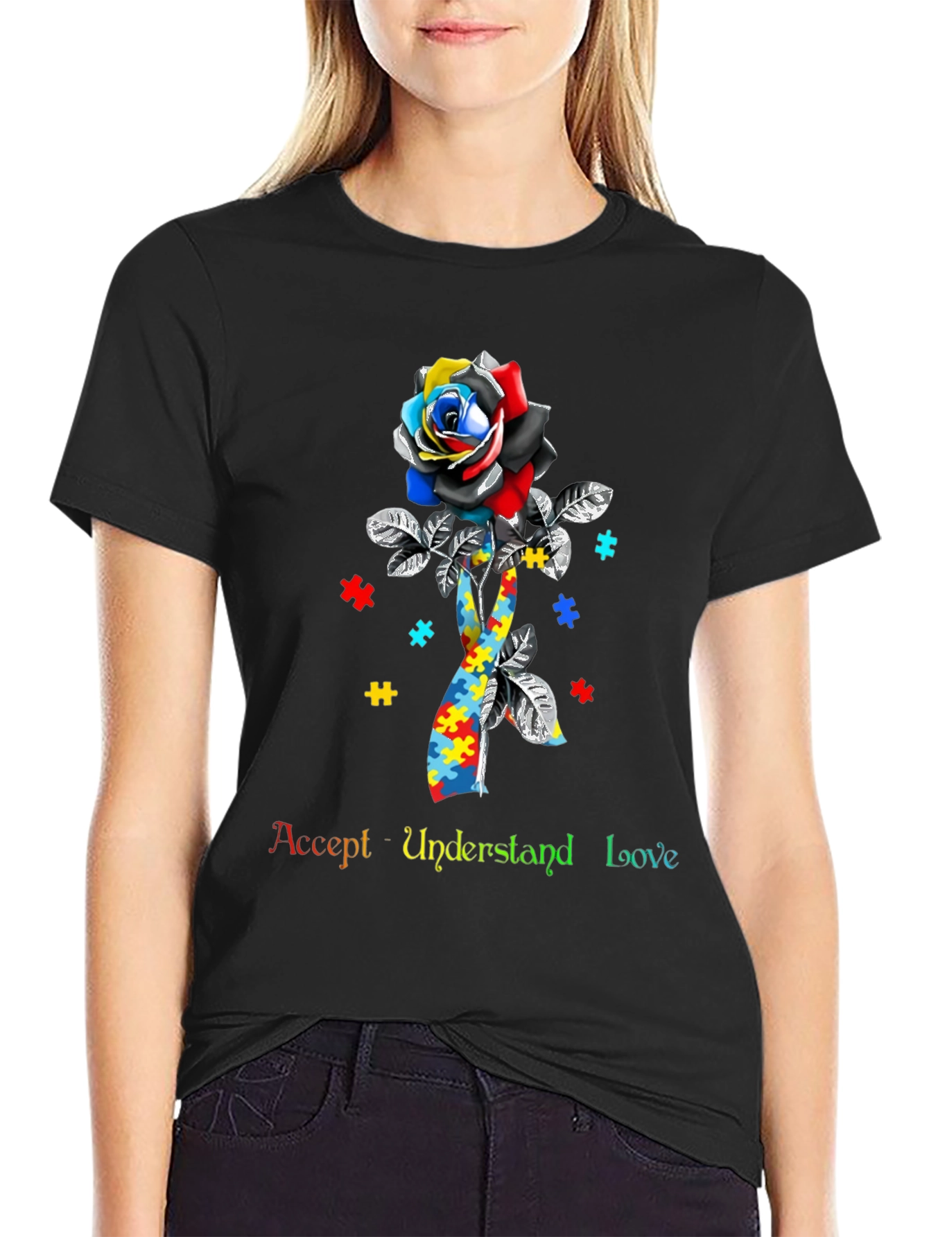 Autism Awareness Rose T-Shirt - Accept Understand Love