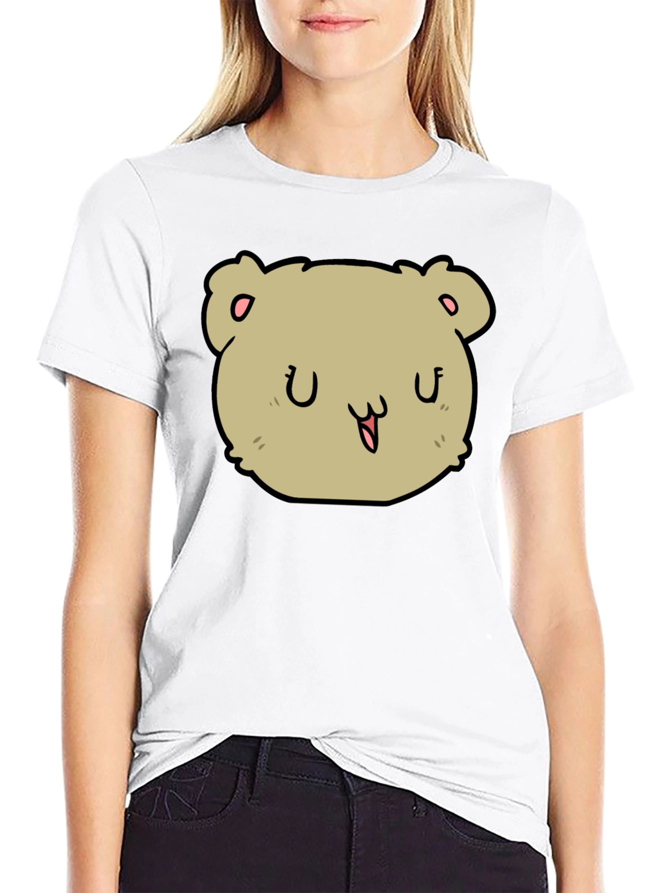 Cute Cartoon Bear Face Black T-Shirt