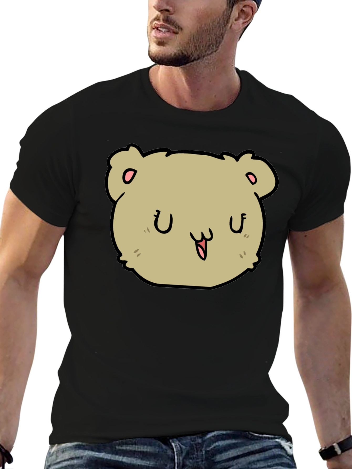 Cute Cartoon Bear Face Black T-Shirt