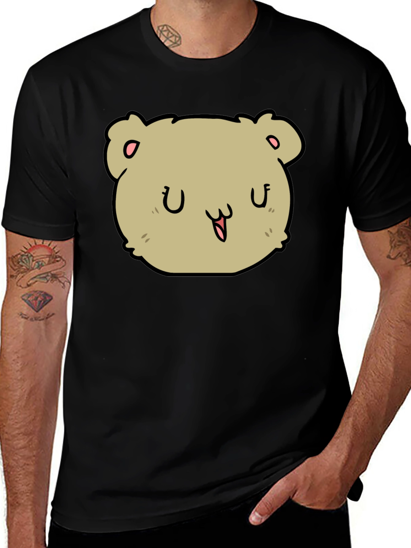 Cute Cartoon Bear Face Black T-Shirt