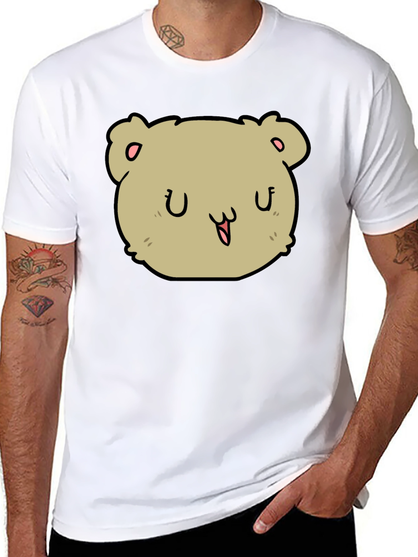 Cute Cartoon Bear Face Black T-Shirt
