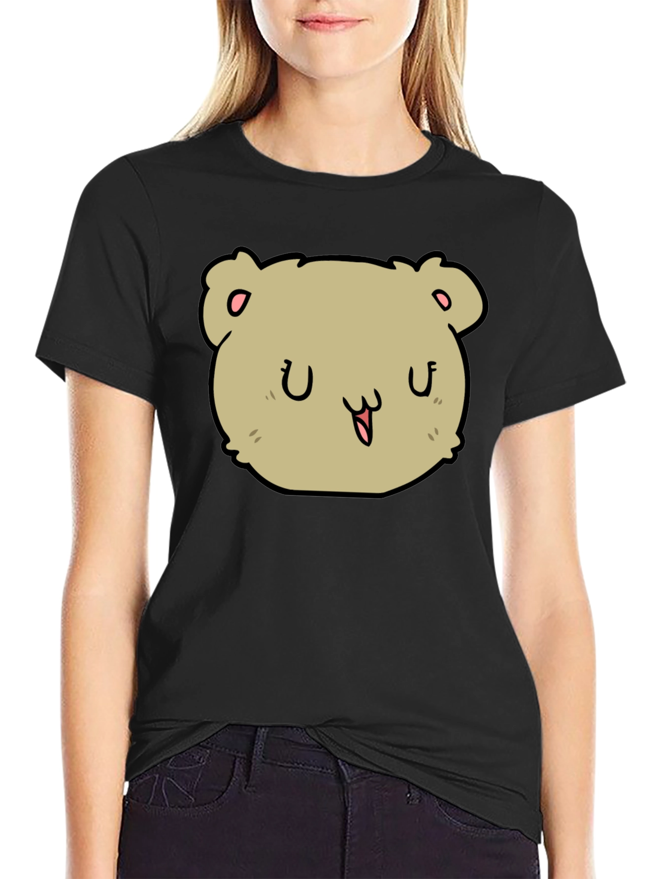 Cute Cartoon Bear Face Black T-Shirt
