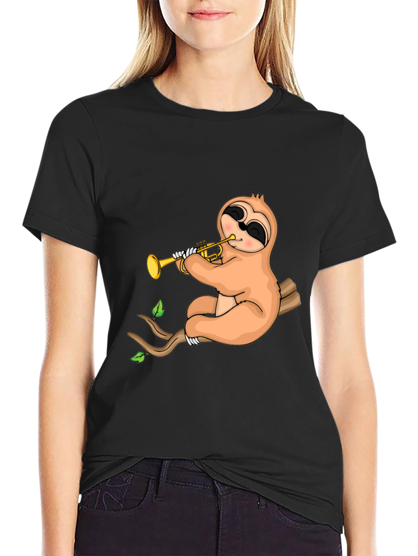 Sloth Trumpet Black T-Shirt - Funny Music Tee