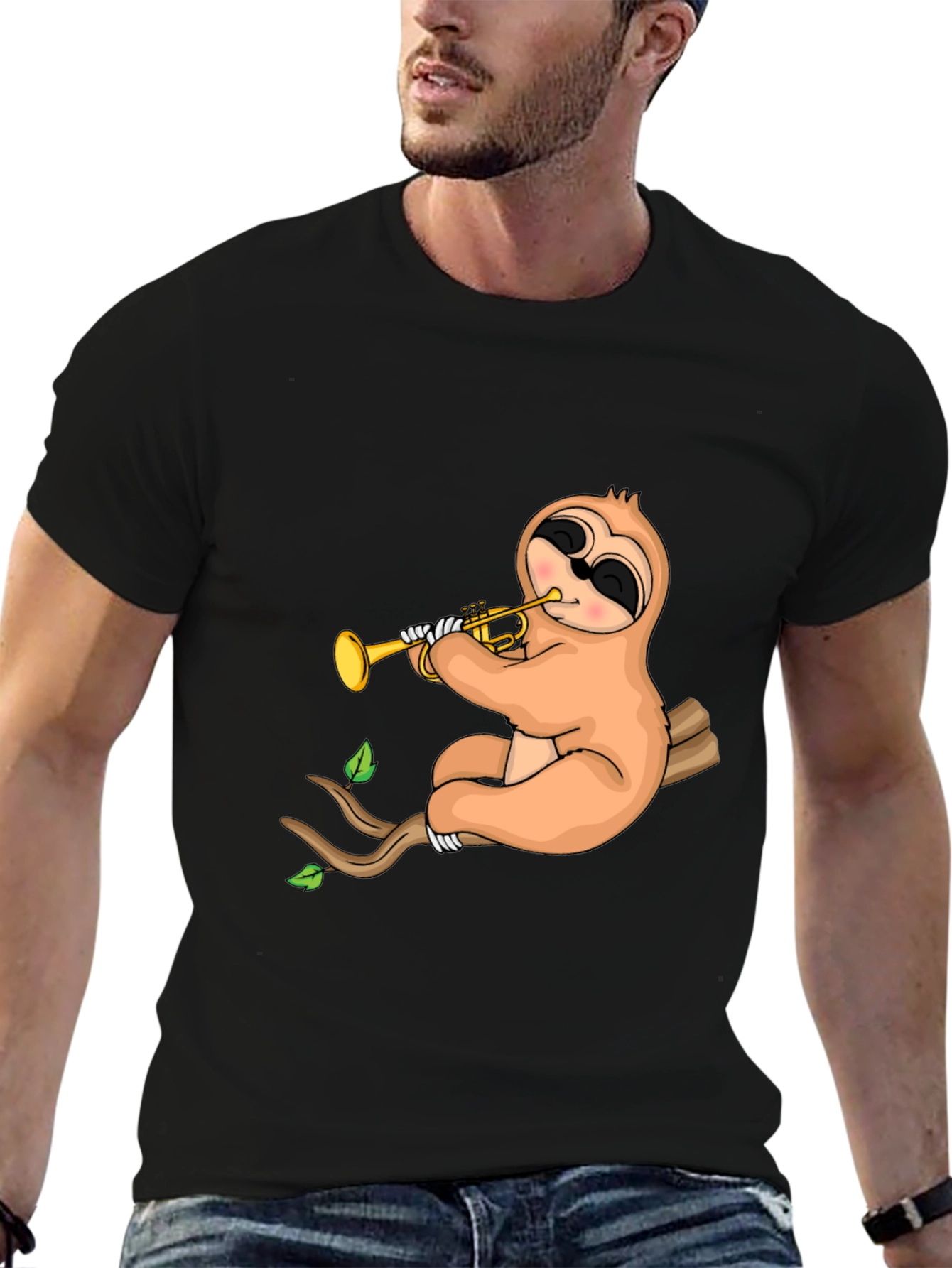 Sloth Trumpet Black T-Shirt - Funny Music Tee