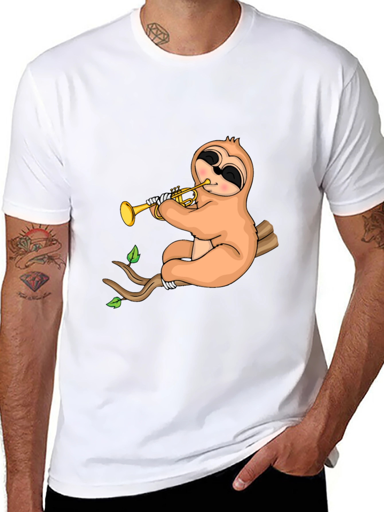 Sloth Trumpet Black T-Shirt - Funny Music Tee