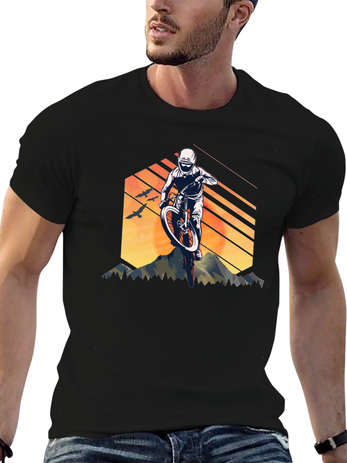 Mountain Biking Graphic Tee - Black Cotton Shirt