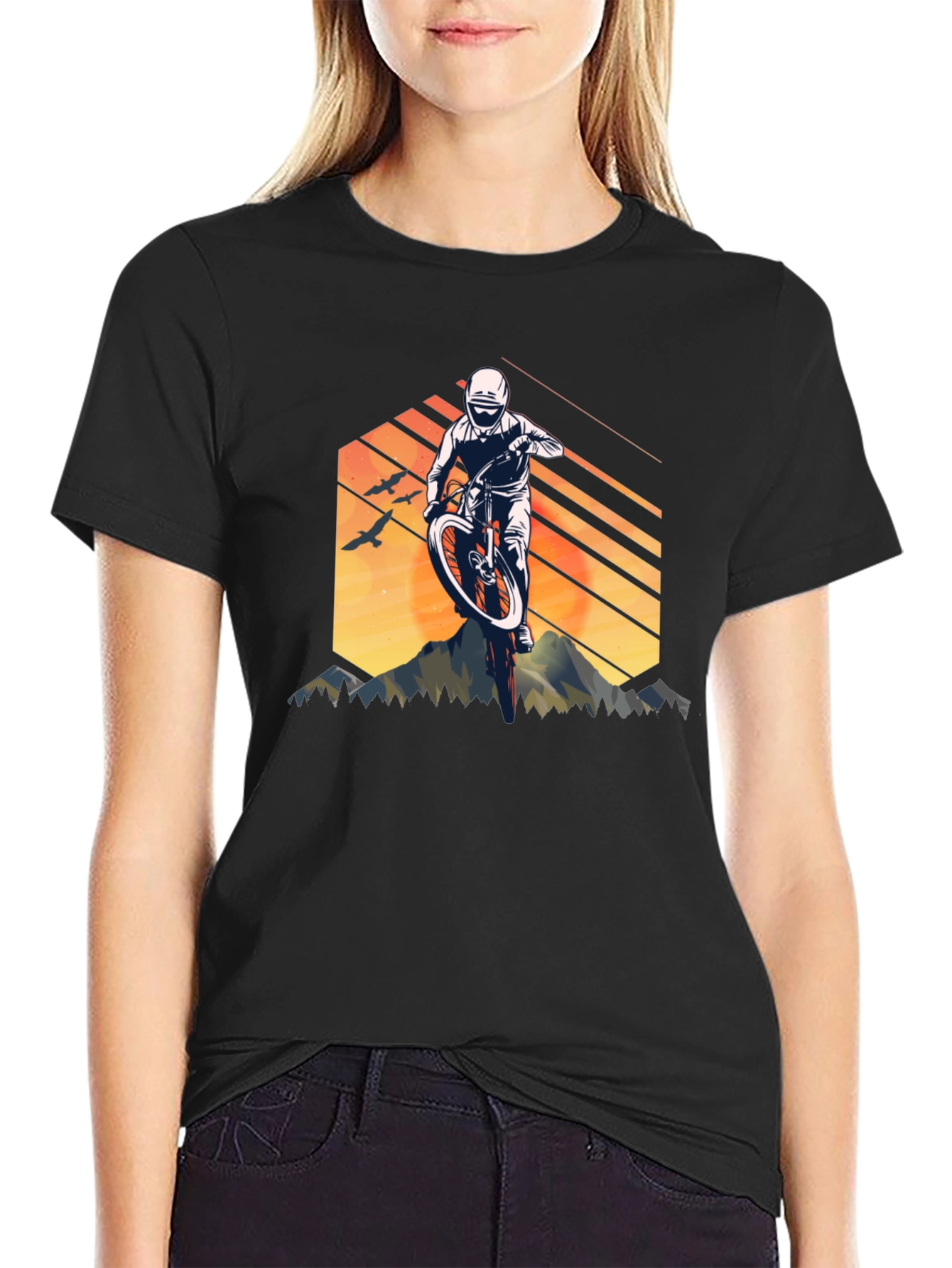 Mountain Biking Graphic Tee - Black Cotton Shirt