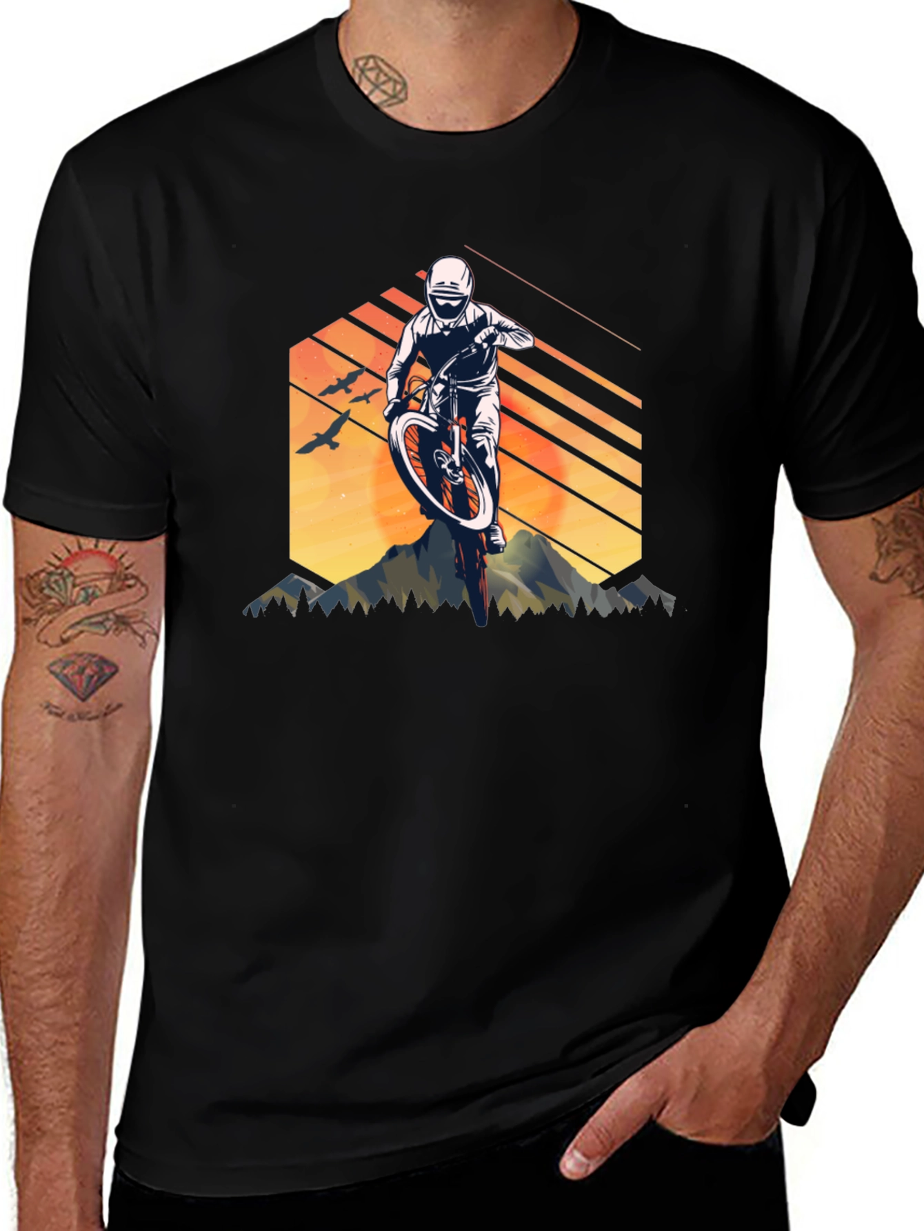 Mountain Biking Graphic Tee - Black Cotton Shirt