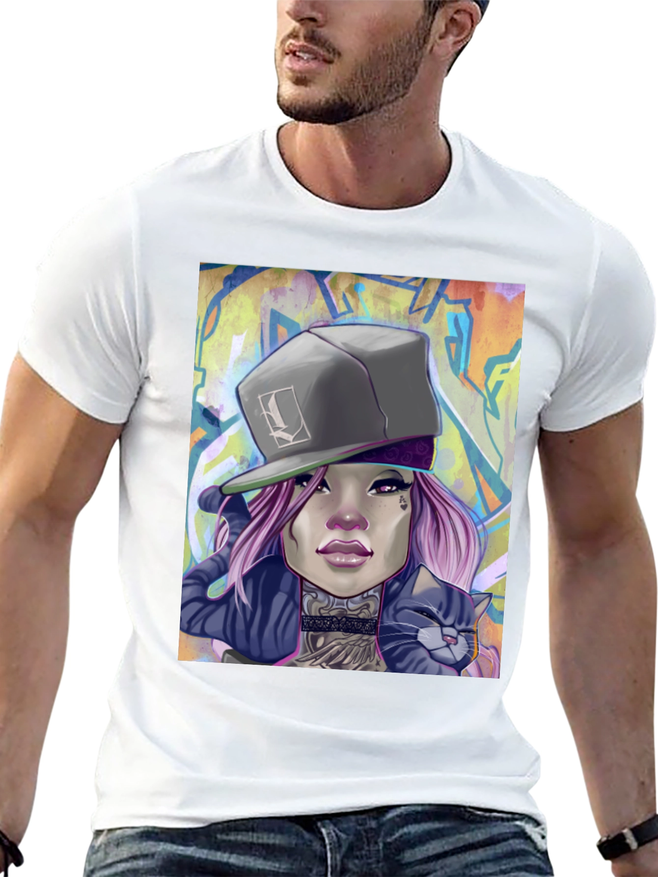 Cool Graphic Tee - Woman with Cat