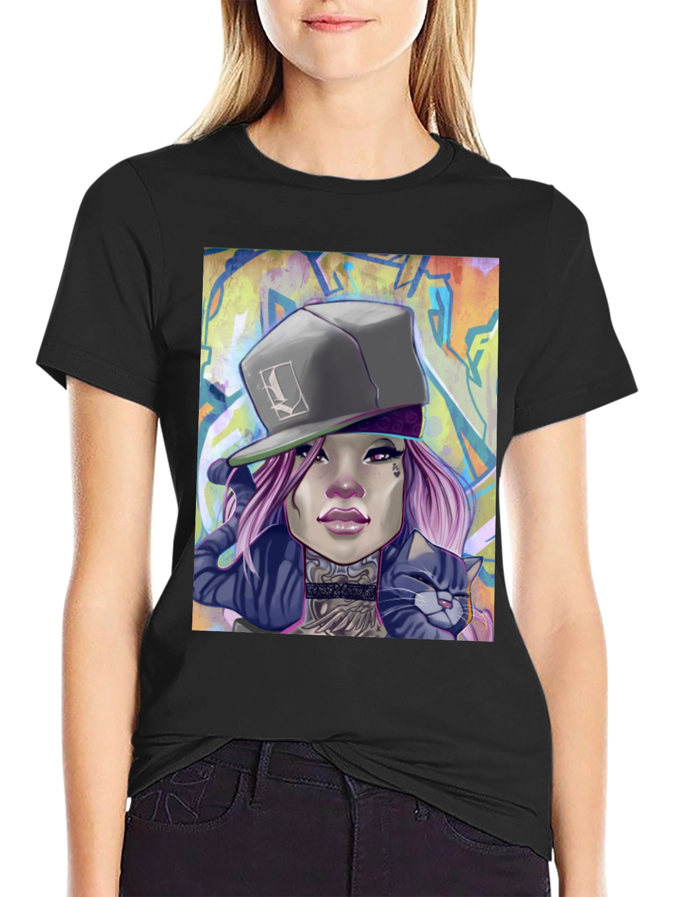 Cool Graphic Tee - Woman with Cat