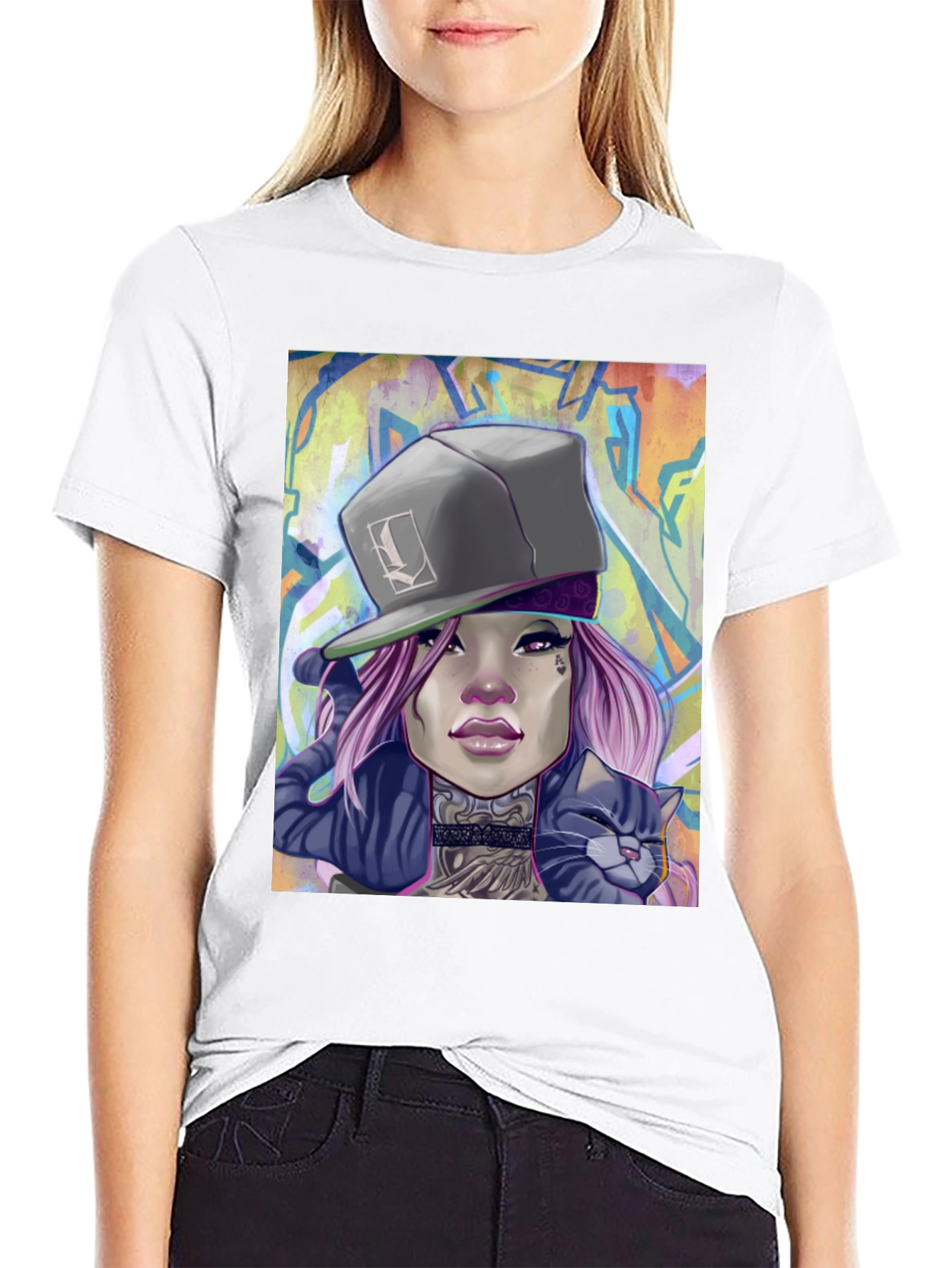 Cool Graphic Tee - Woman with Cat