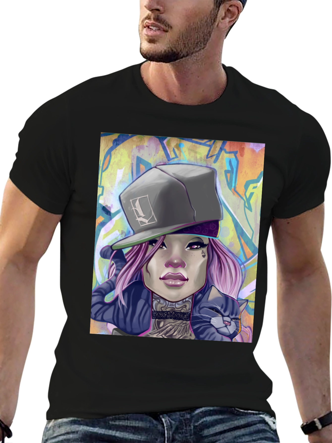 Cool Graphic Tee - Woman with Cat