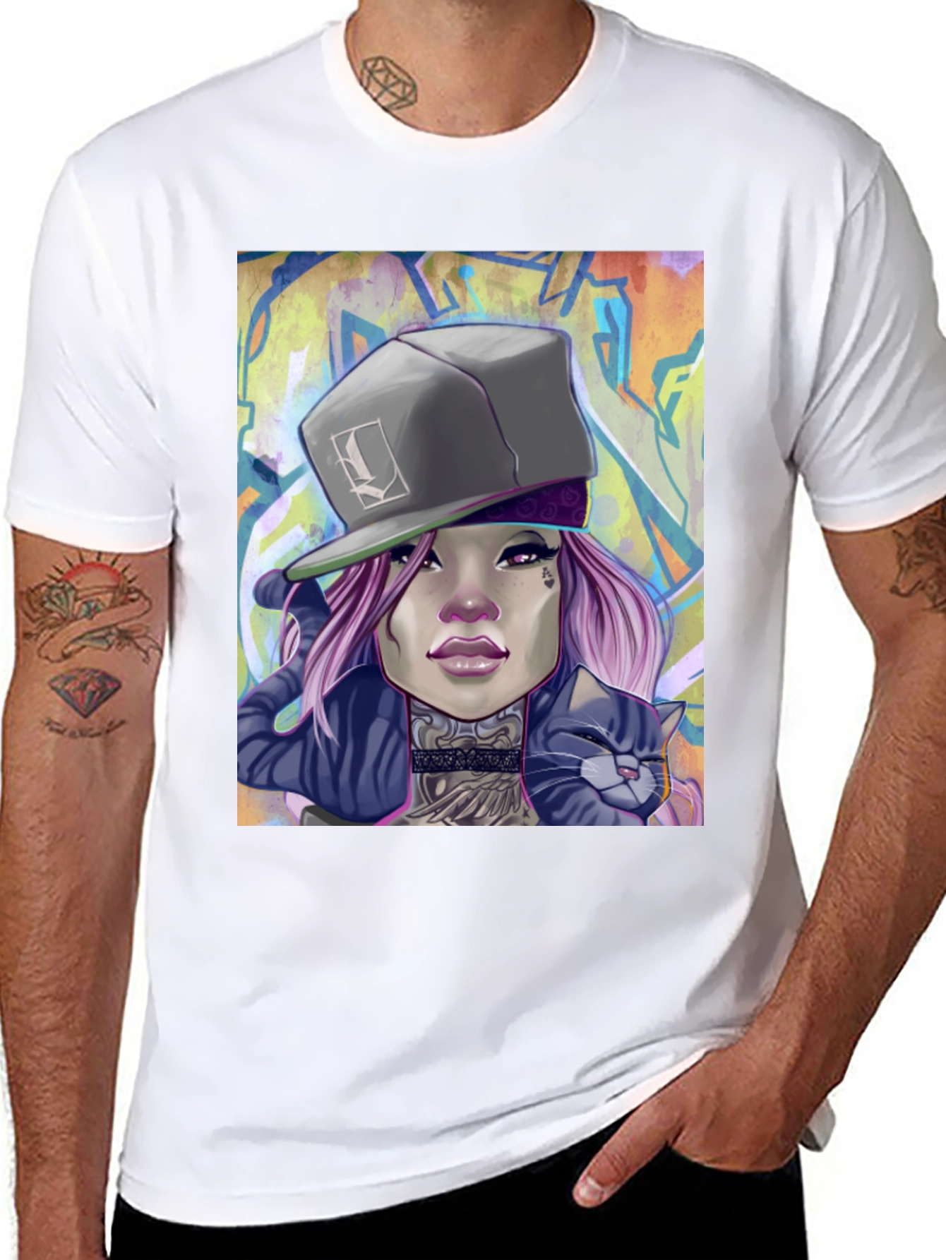 Cool Graphic Tee - Woman with Cat