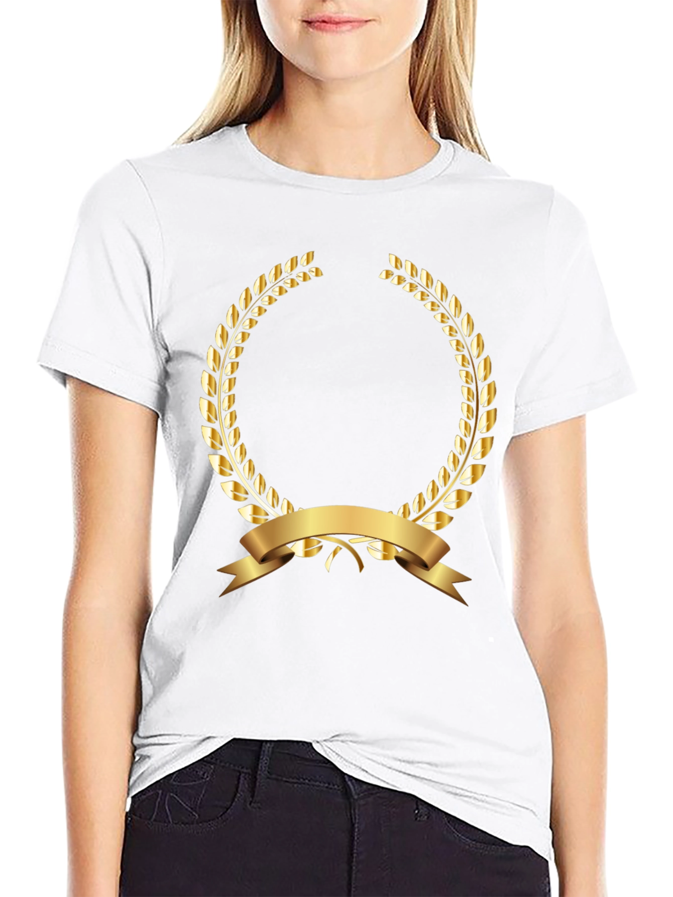 Elegant Black T-Shirt with Gold Laurel Wreath Design