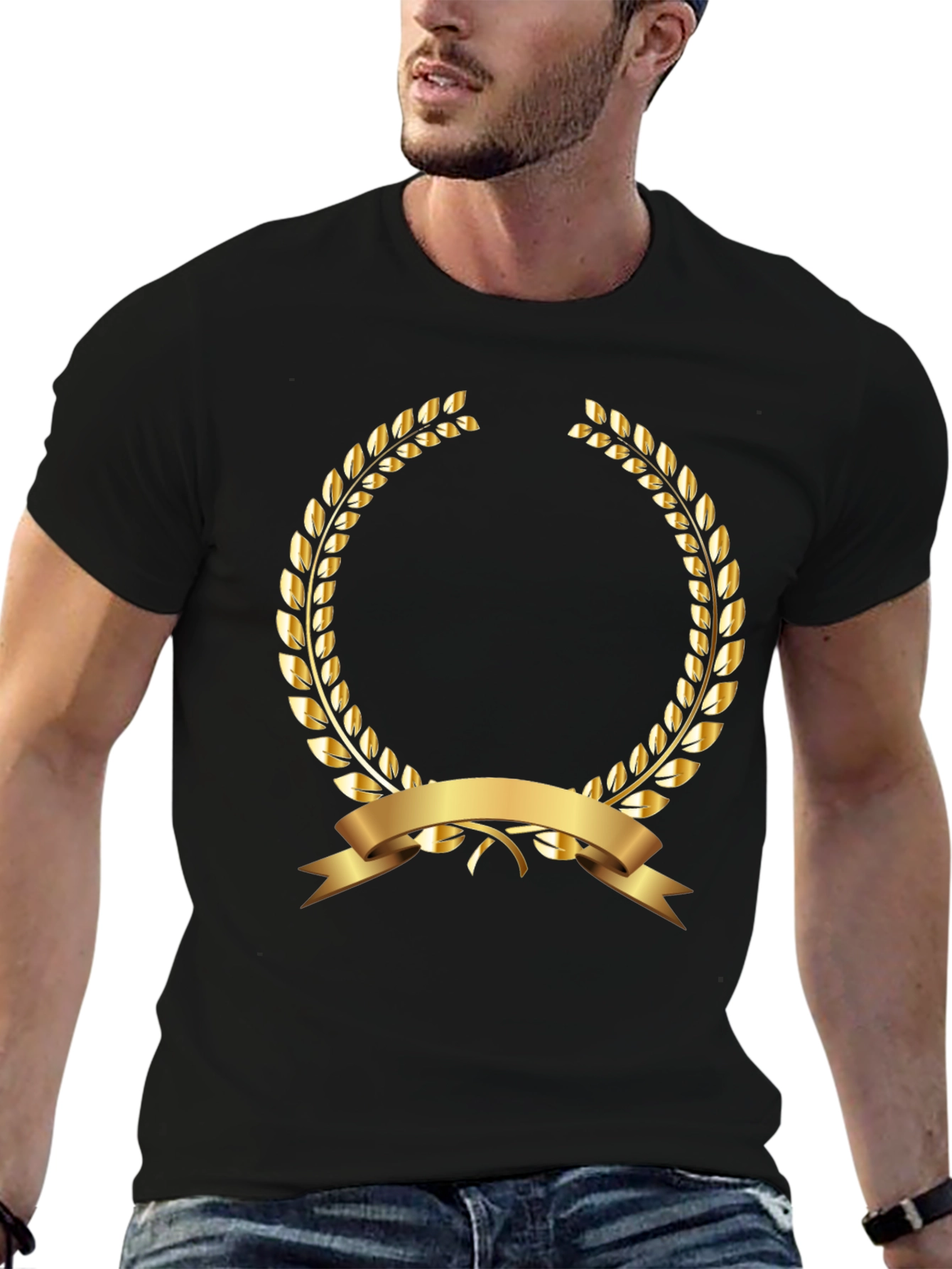 Elegant Black T-Shirt with Gold Laurel Wreath Design