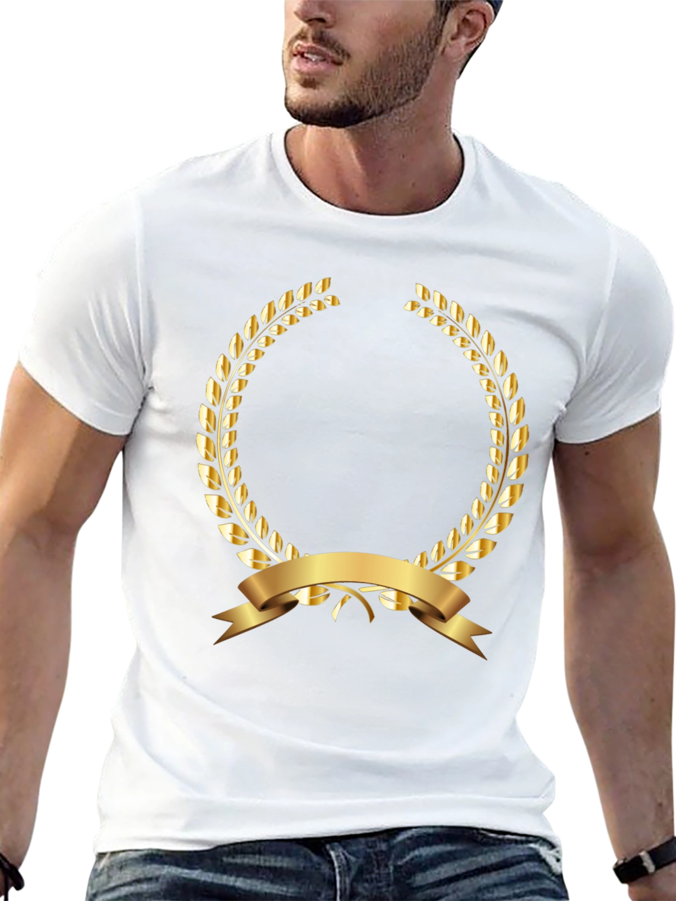 Elegant Black T-Shirt with Gold Laurel Wreath Design