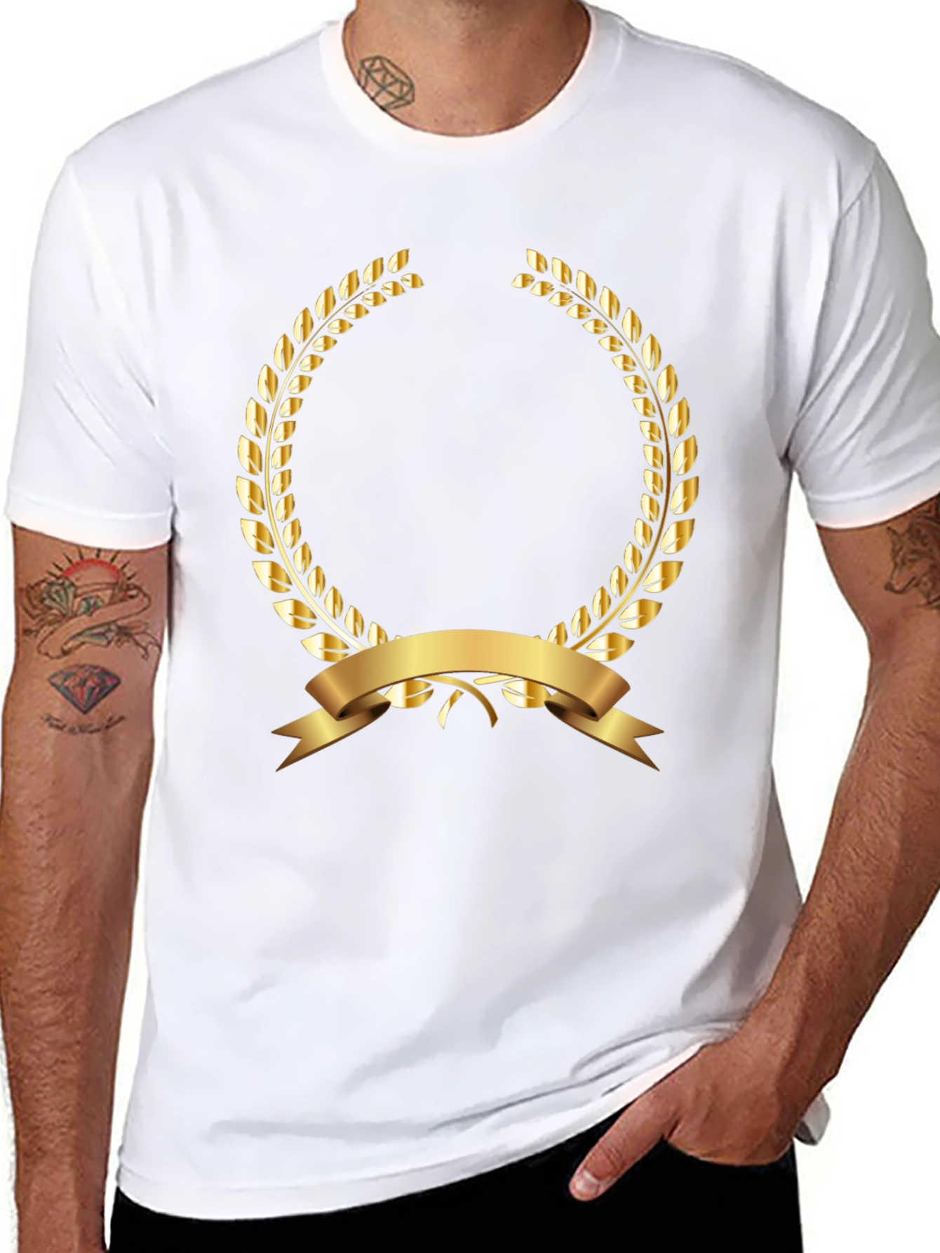Elegant Black T-Shirt with Gold Laurel Wreath Design