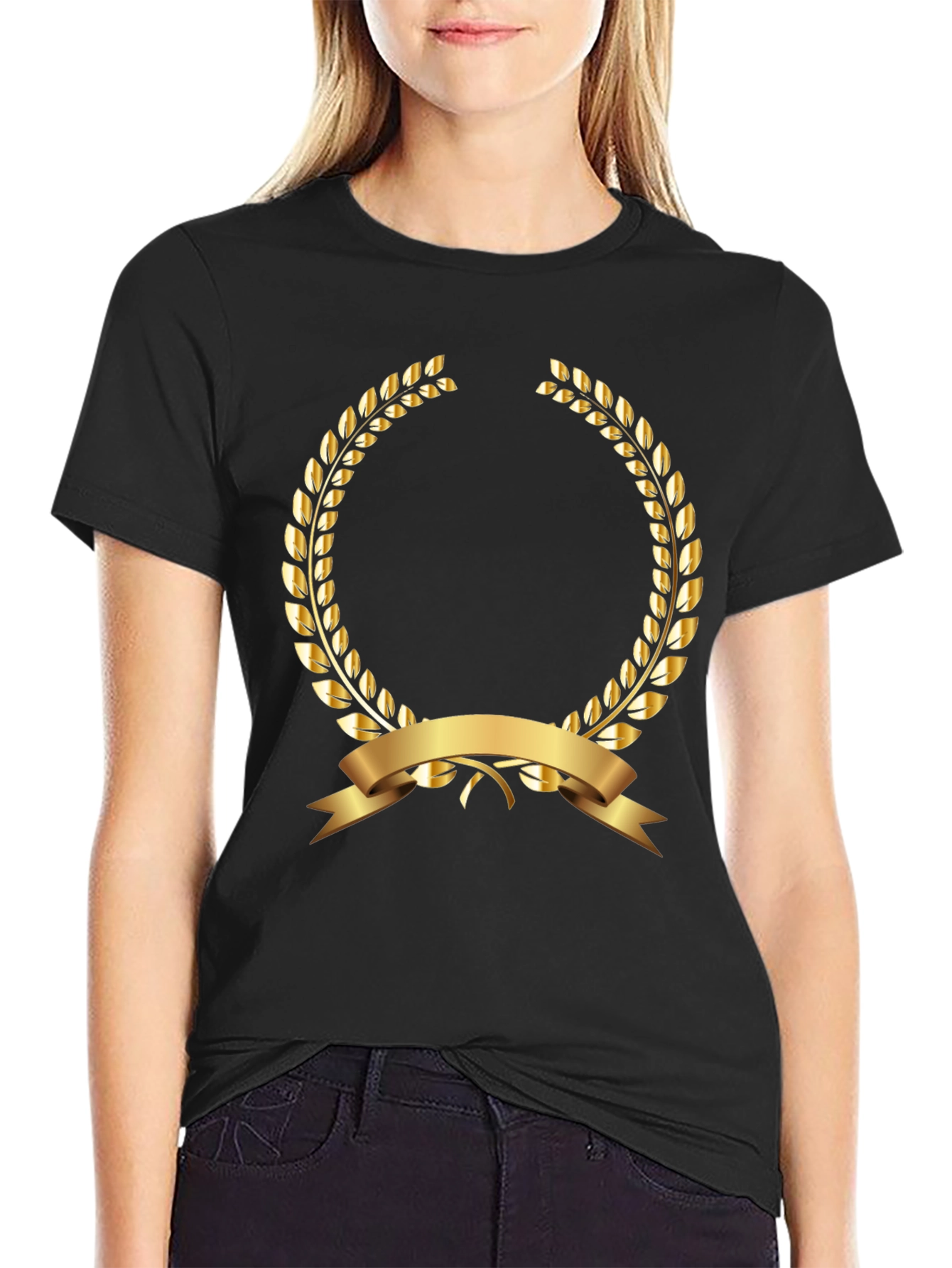 Elegant Black T-Shirt with Gold Laurel Wreath Design