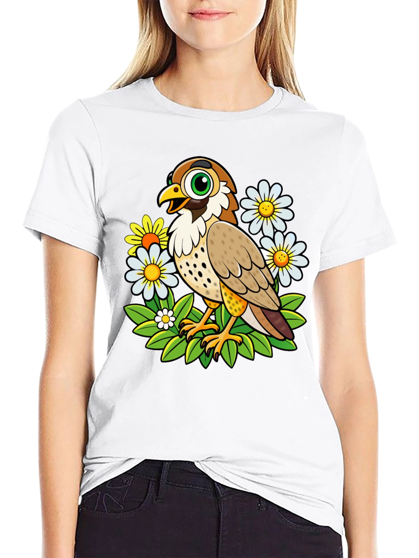 Cartoon Bird and Flower Graphic T-Shirt