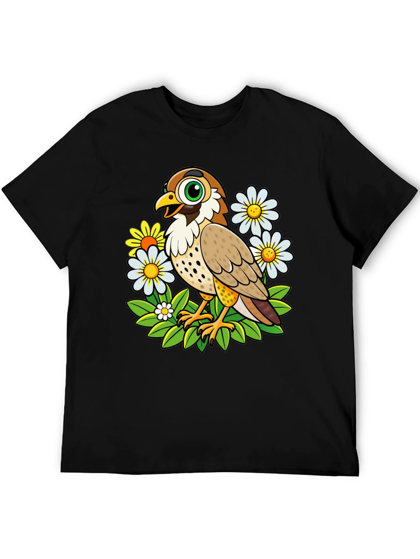 Cartoon Bird and Flower Graphic T-Shirt