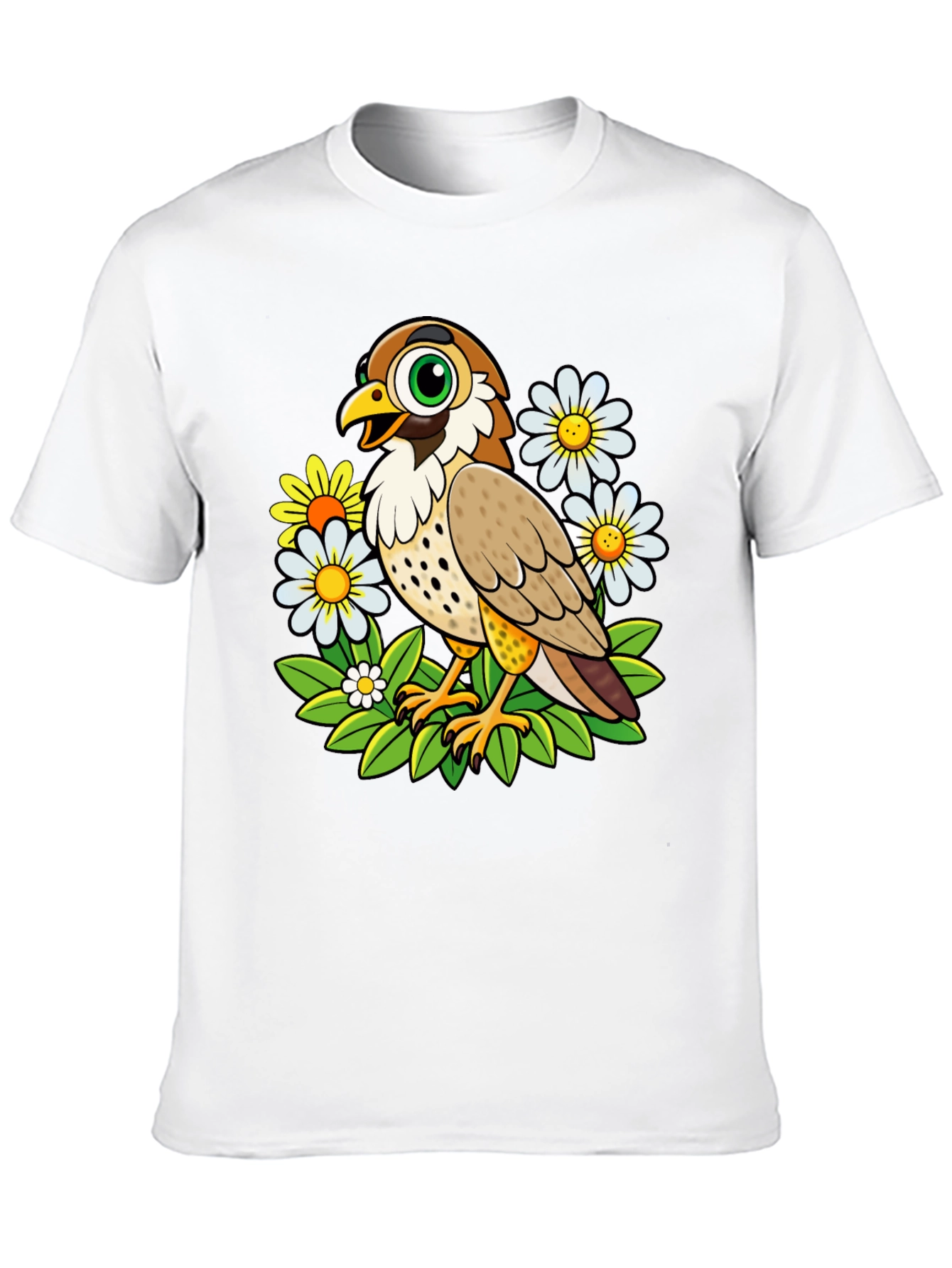 Cartoon Bird and Flower Graphic T-Shirt