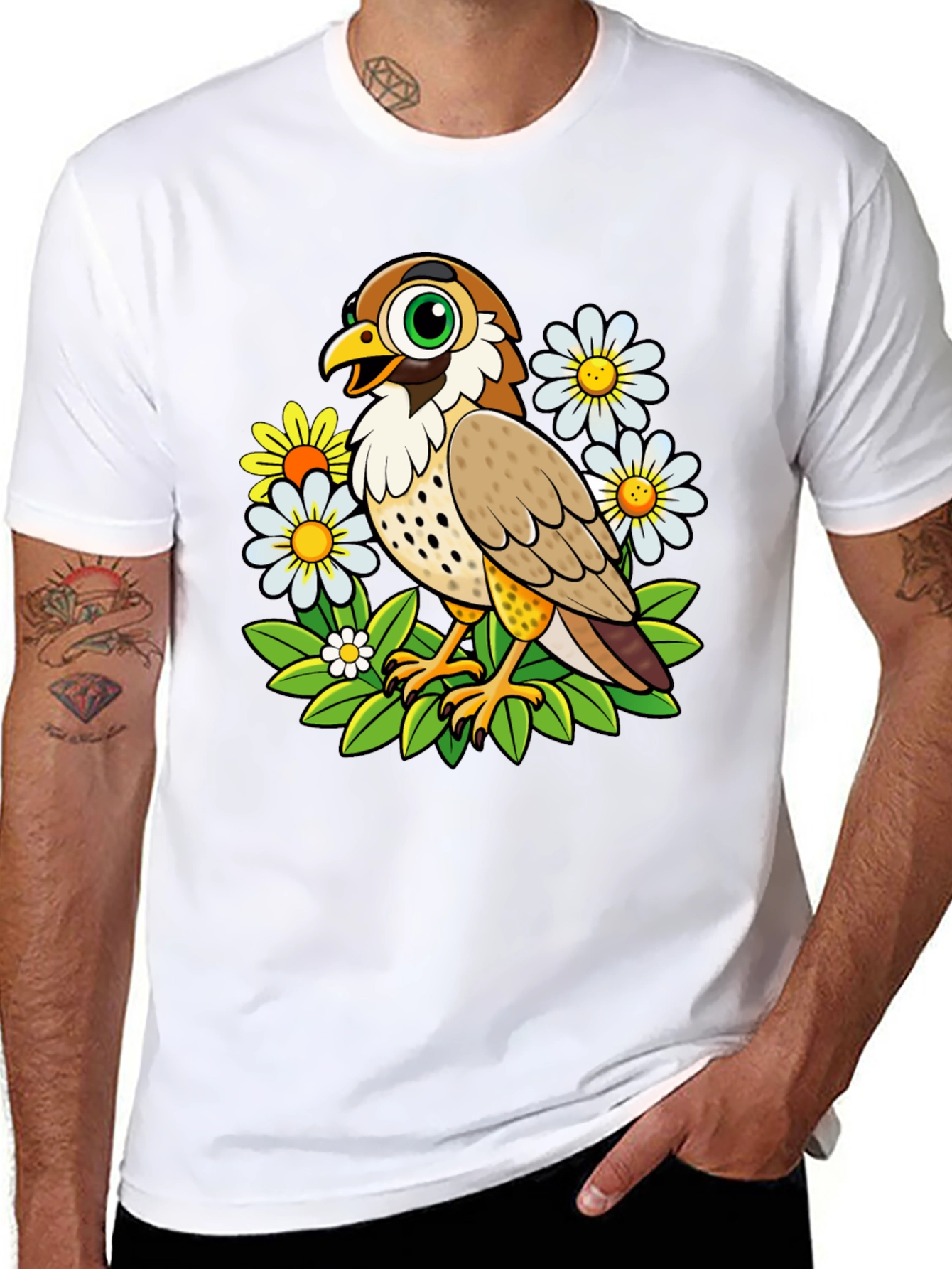 Cartoon Bird and Flower Graphic T-Shirt