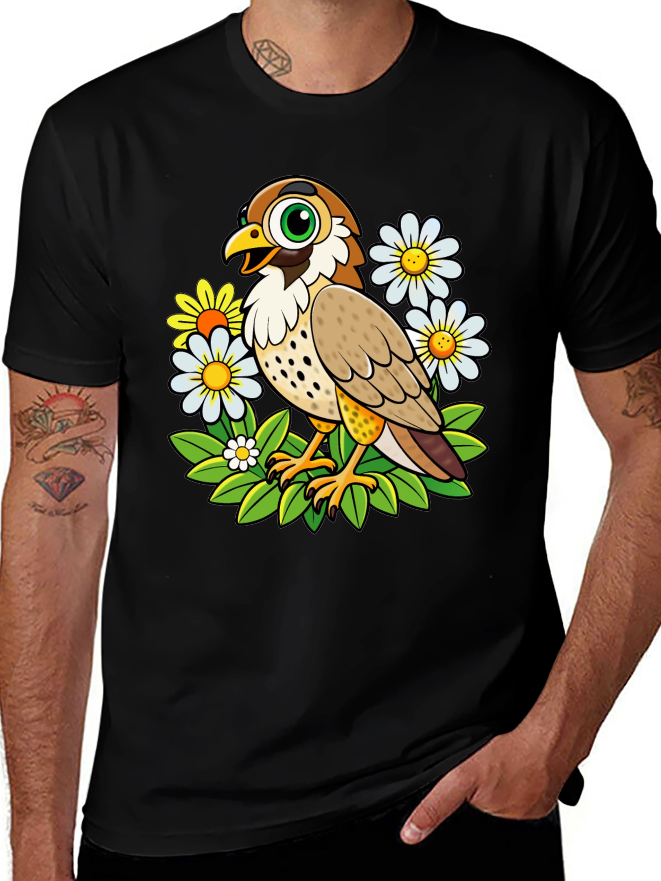 Cartoon Bird and Flower Graphic T-Shirt