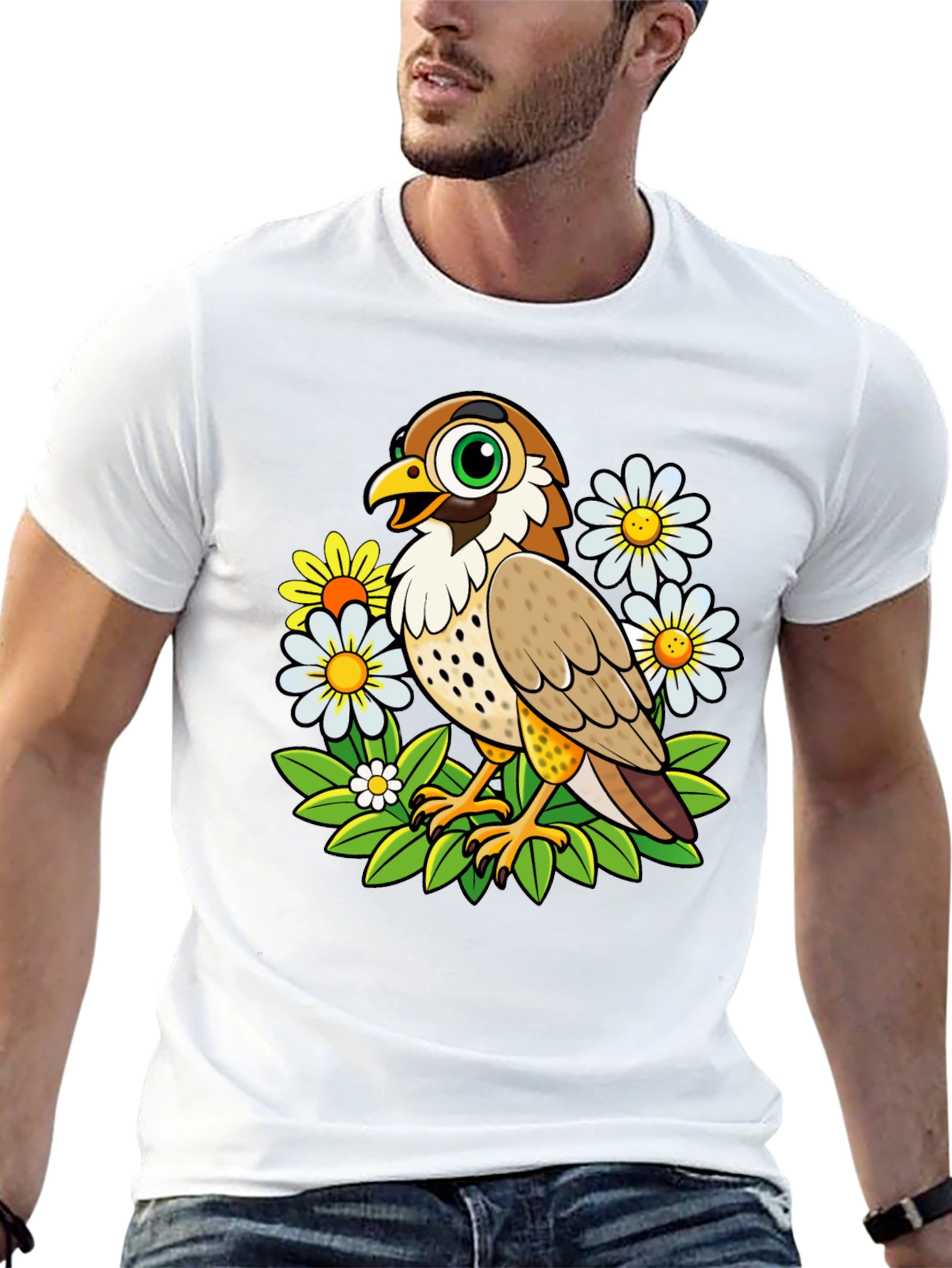 Cartoon Bird and Flower Graphic T-Shirt