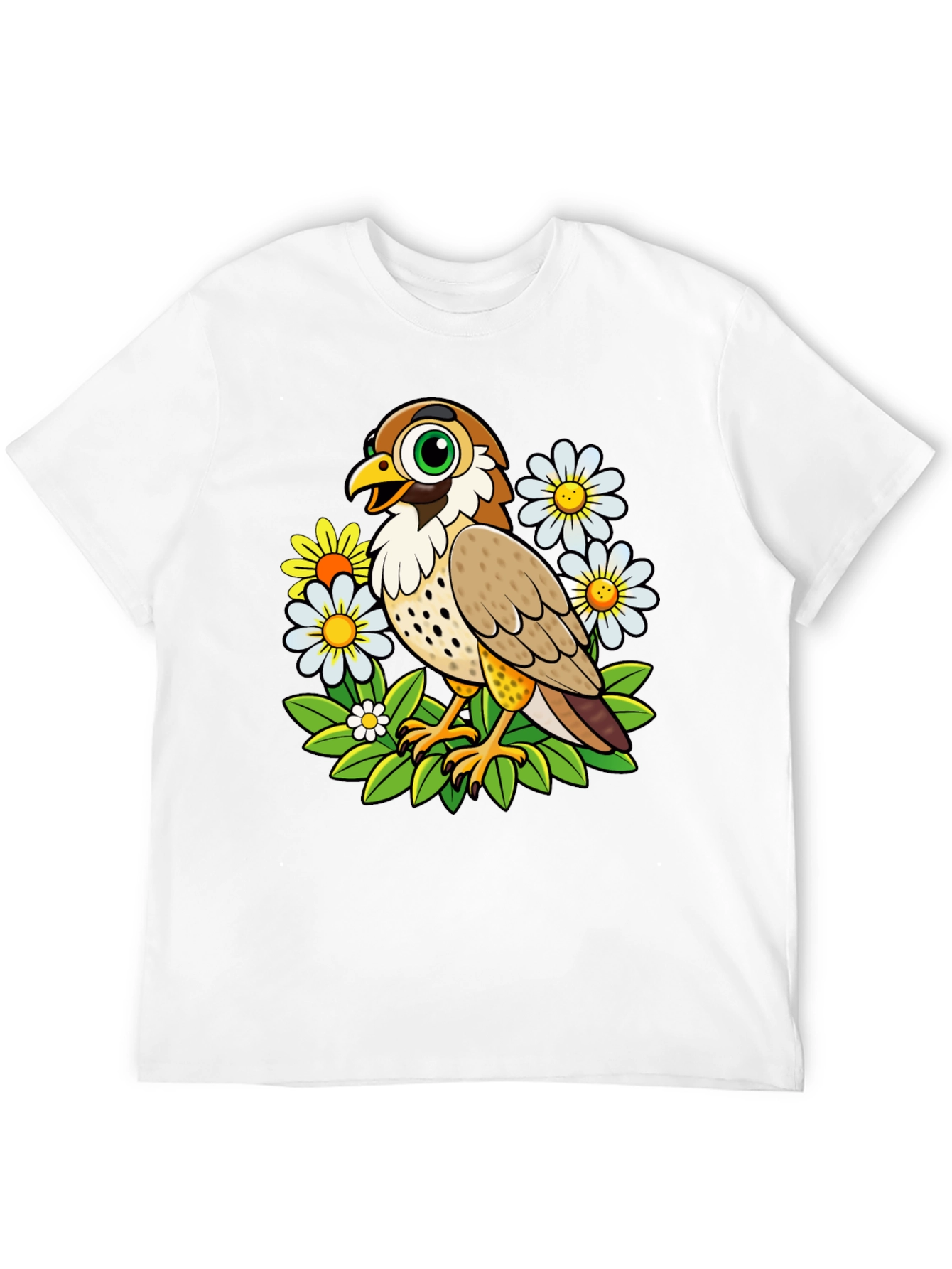 Cartoon Bird and Flower Graphic T-Shirt