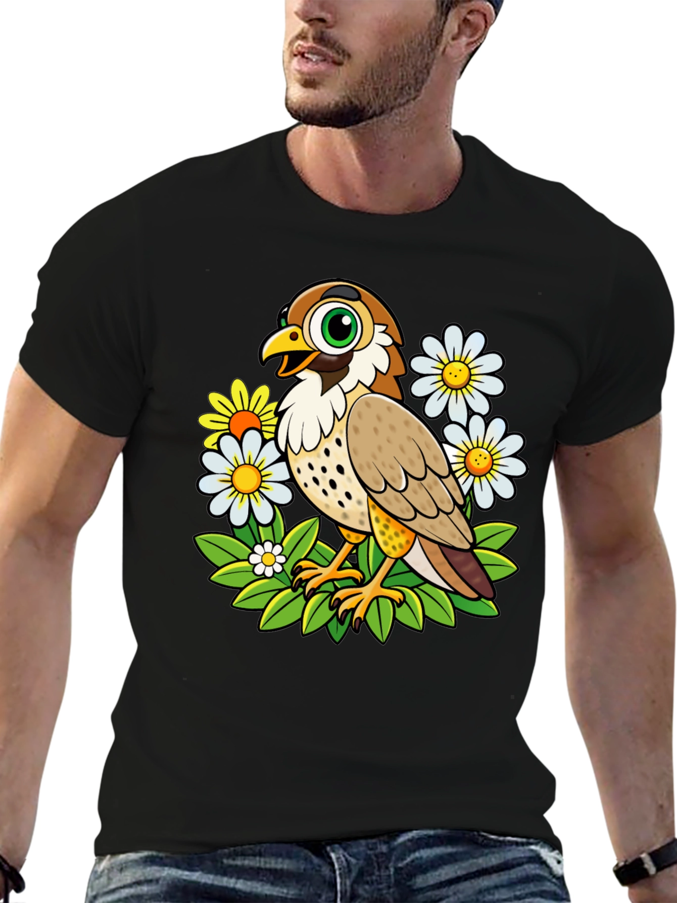 Cartoon Bird and Flower Graphic T-Shirt