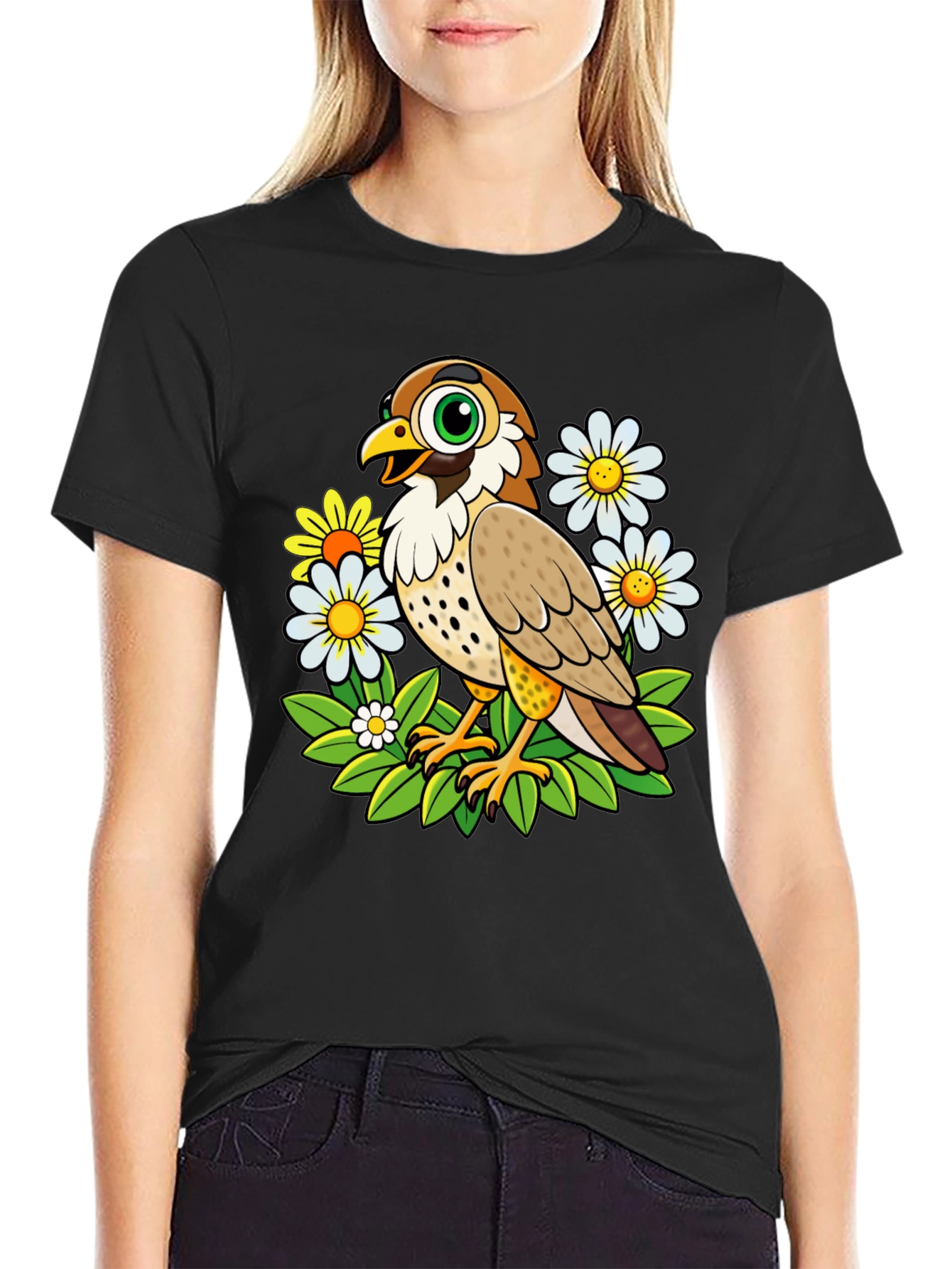 Cartoon Bird and Flower Graphic T-Shirt