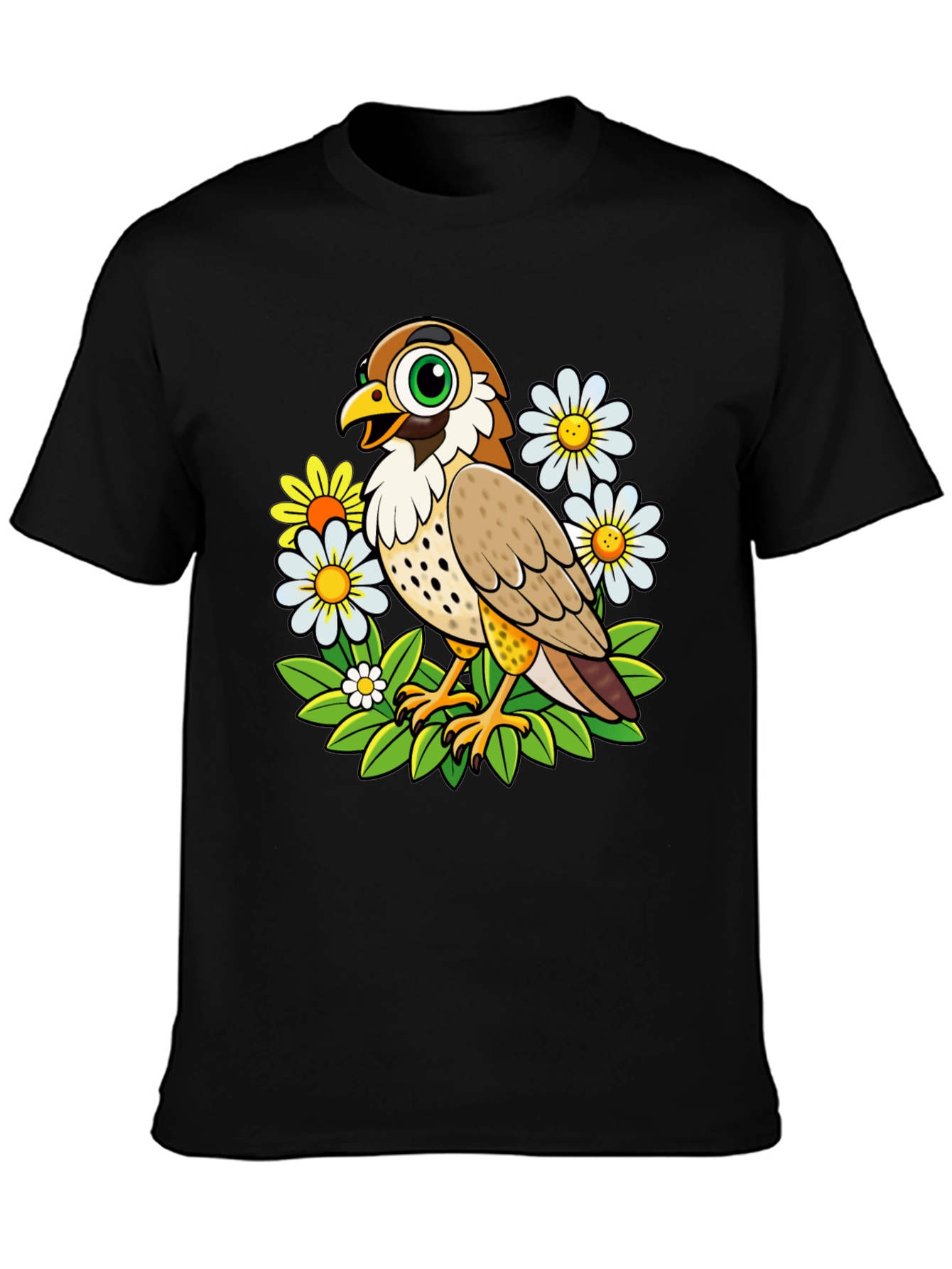Cartoon Bird and Flower Graphic T-Shirt