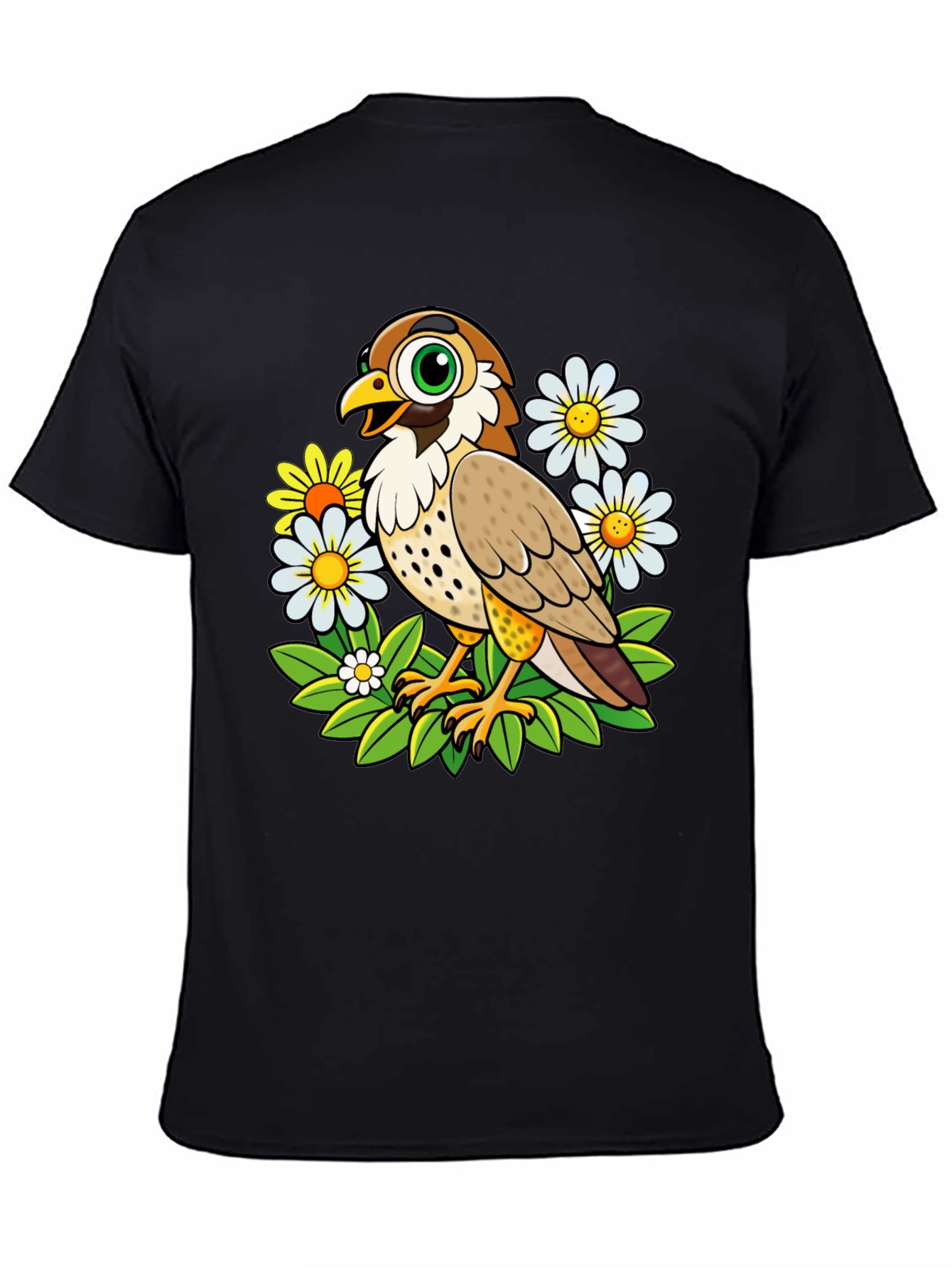 Cartoon Bird and Flower Graphic T-Shirt