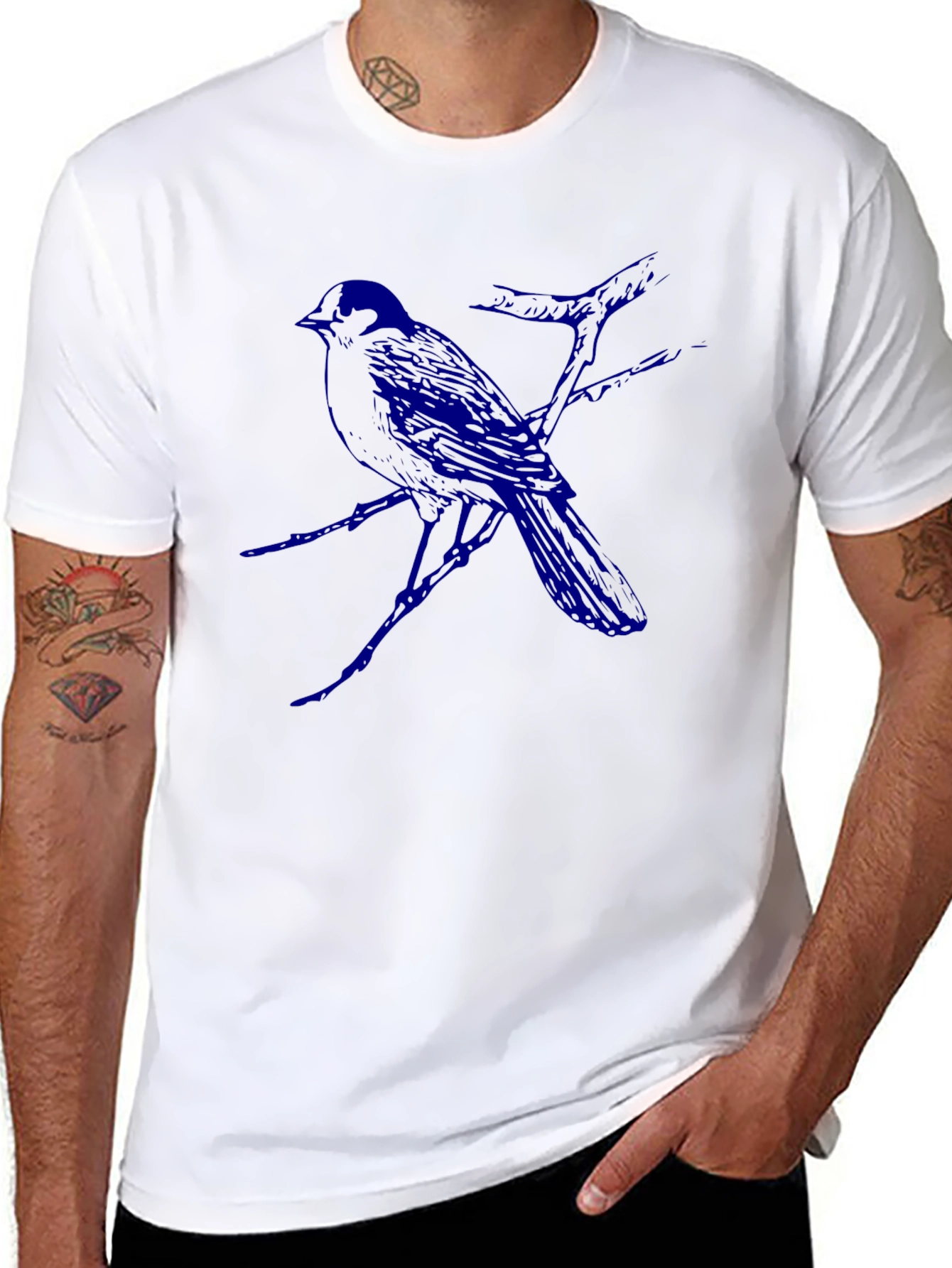 Mens Black T-Shirt with Blue Bird Design