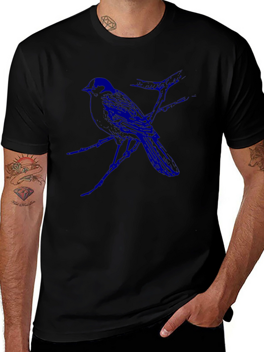 Mens Black T-Shirt with Blue Bird Design
