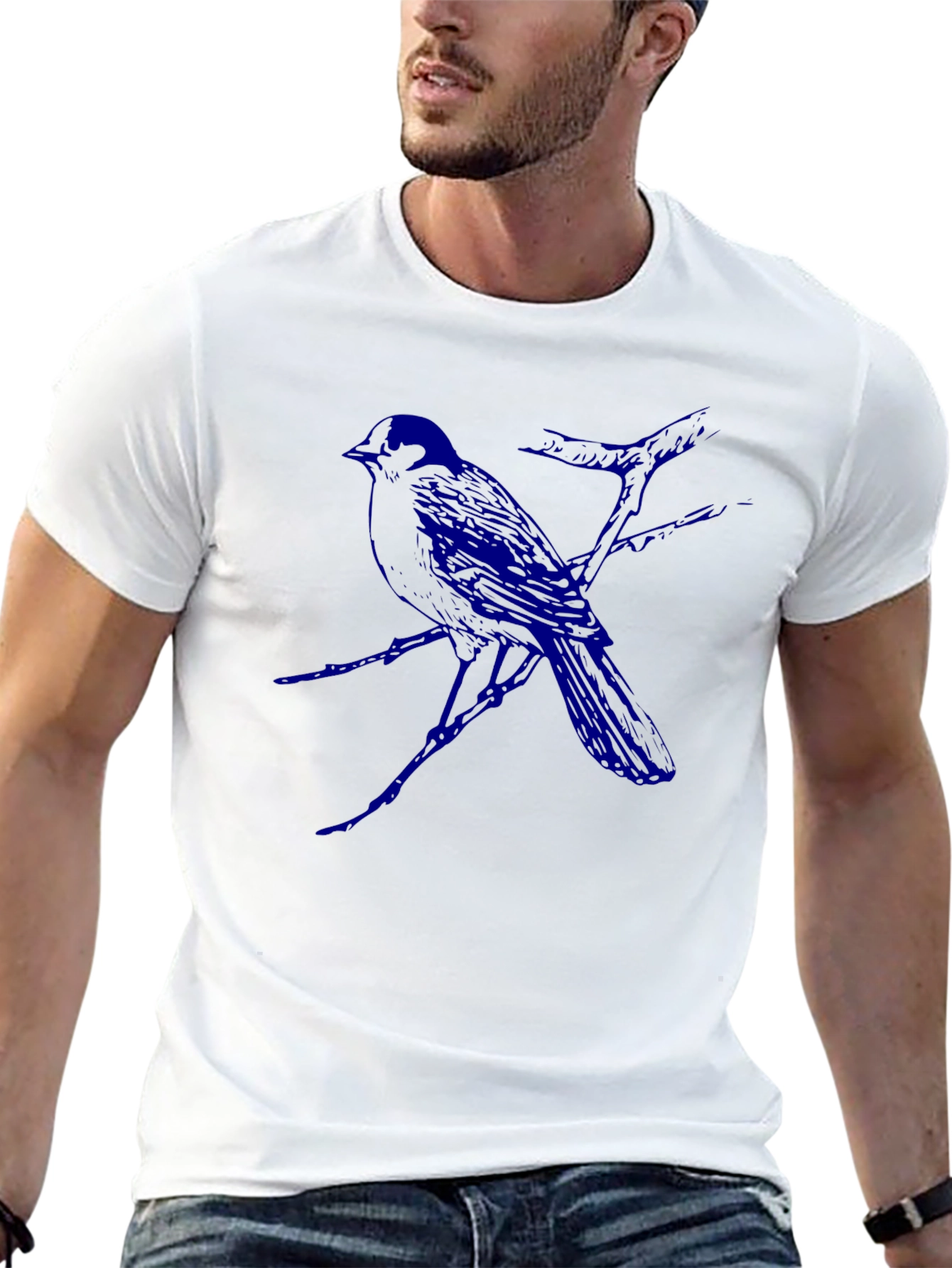 Mens Black T-Shirt with Blue Bird Design