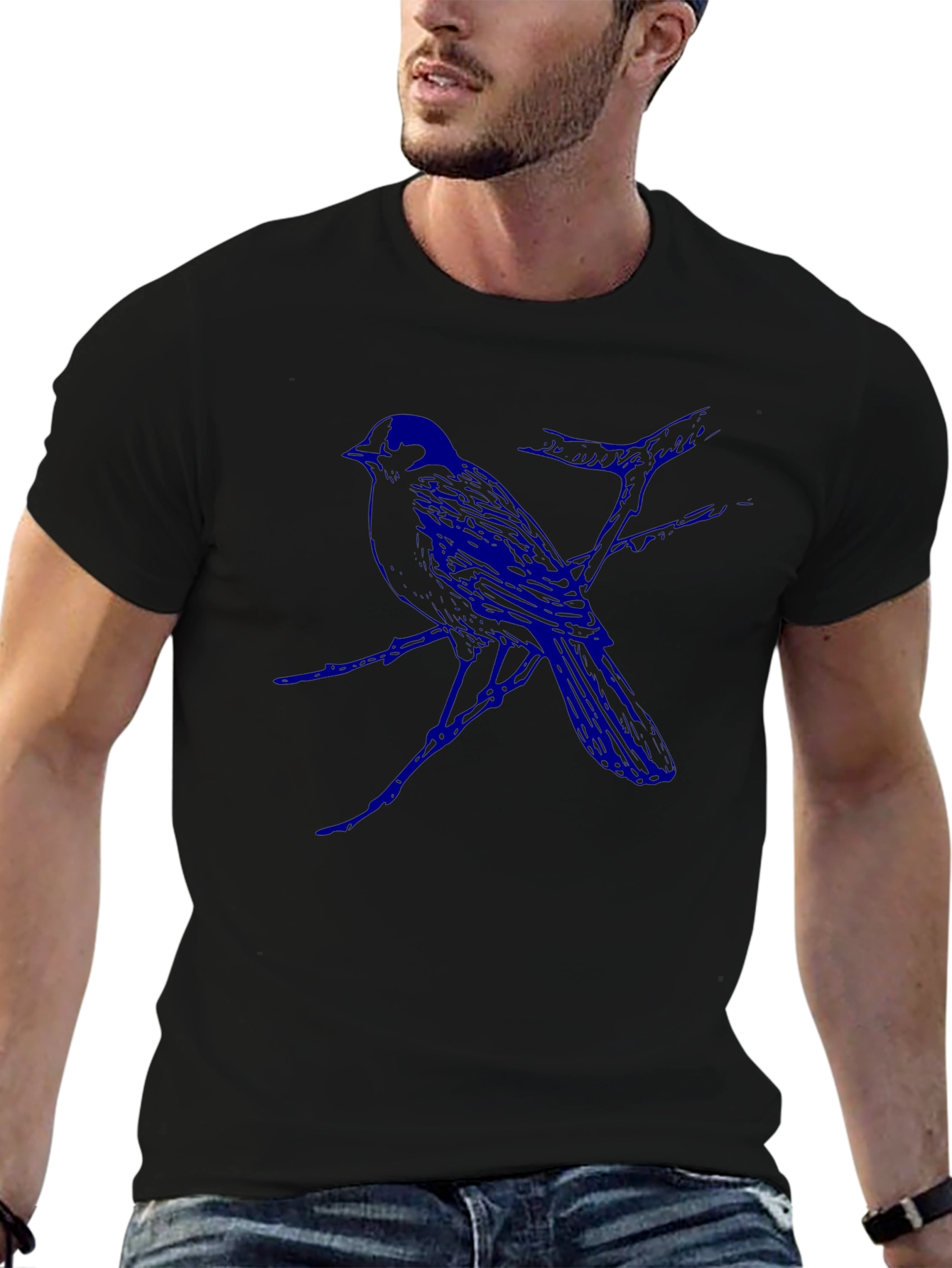 Mens Black T-Shirt with Blue Bird Design
