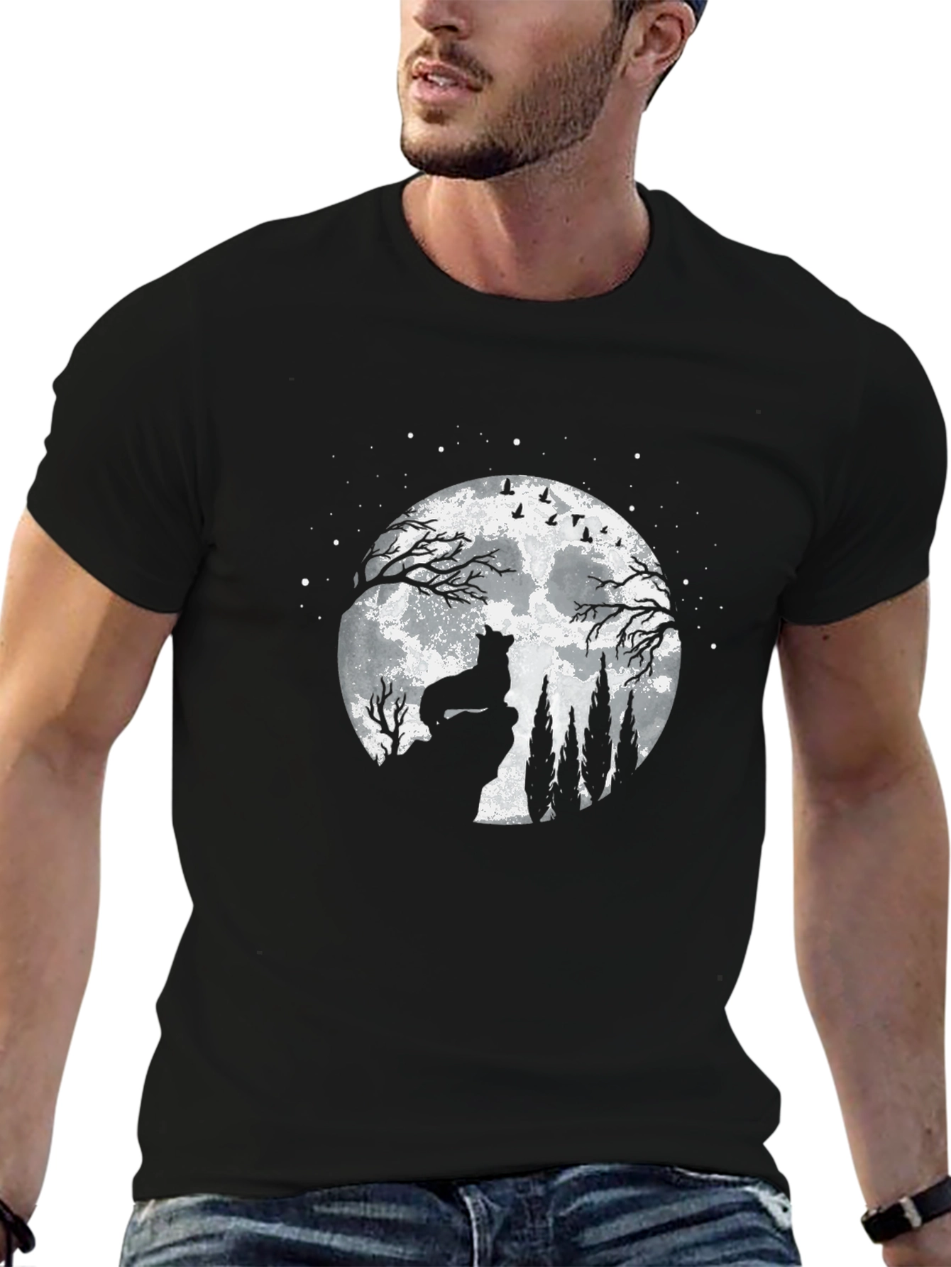 Wolf Moon Graphic Tee - Black Cotton T-Shirt