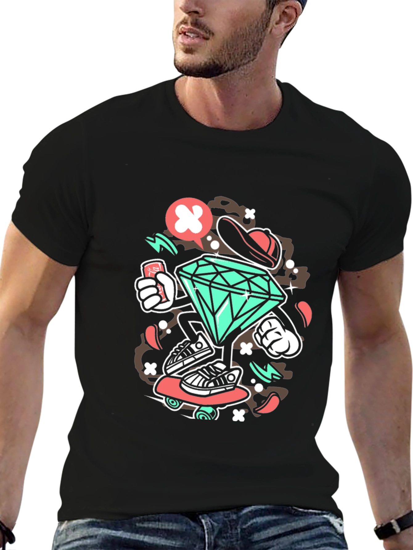 Diamond Skater Graphic Print Black T-Shirt