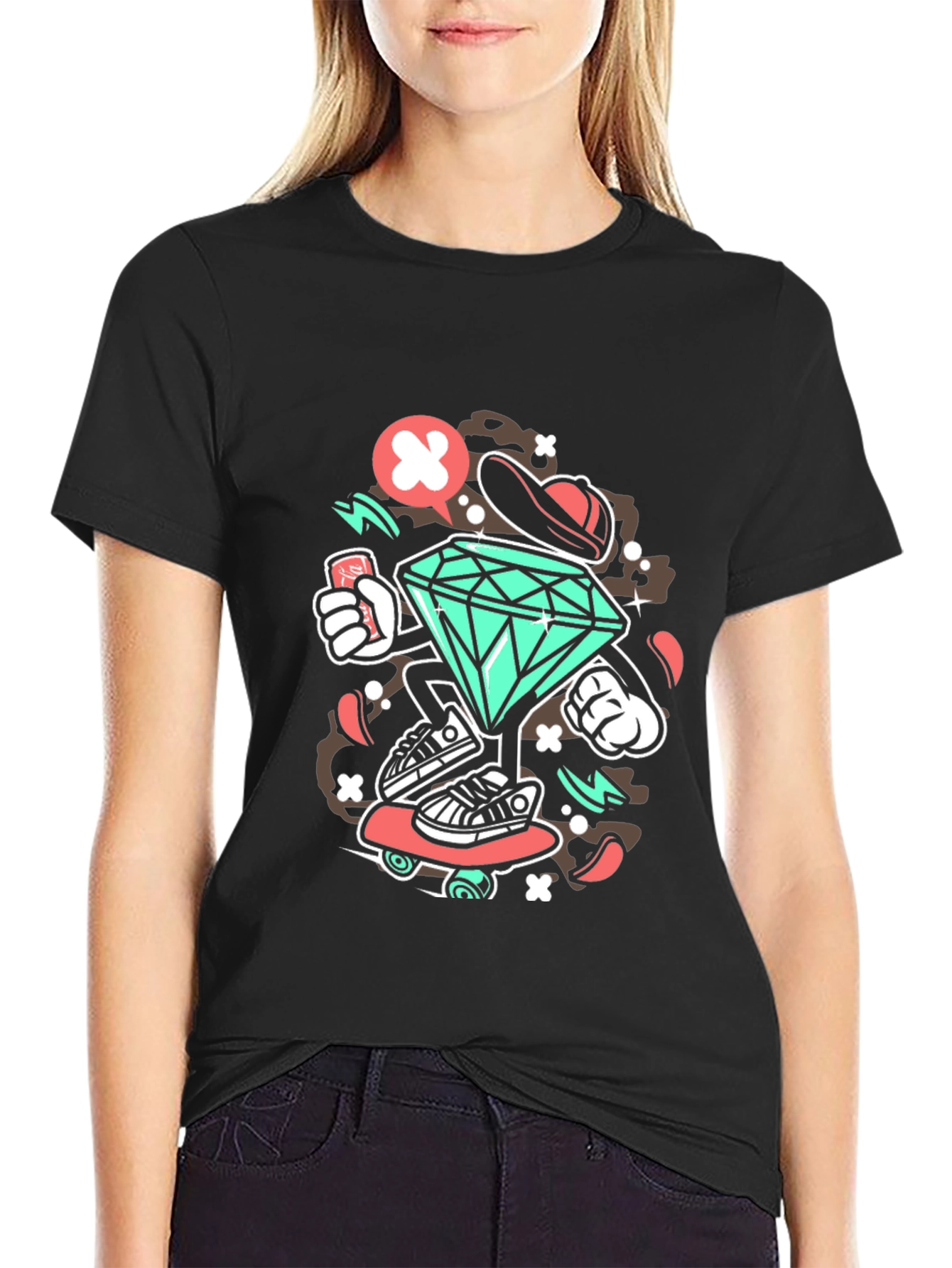 Diamond Skater Graphic Print Black T-Shirt