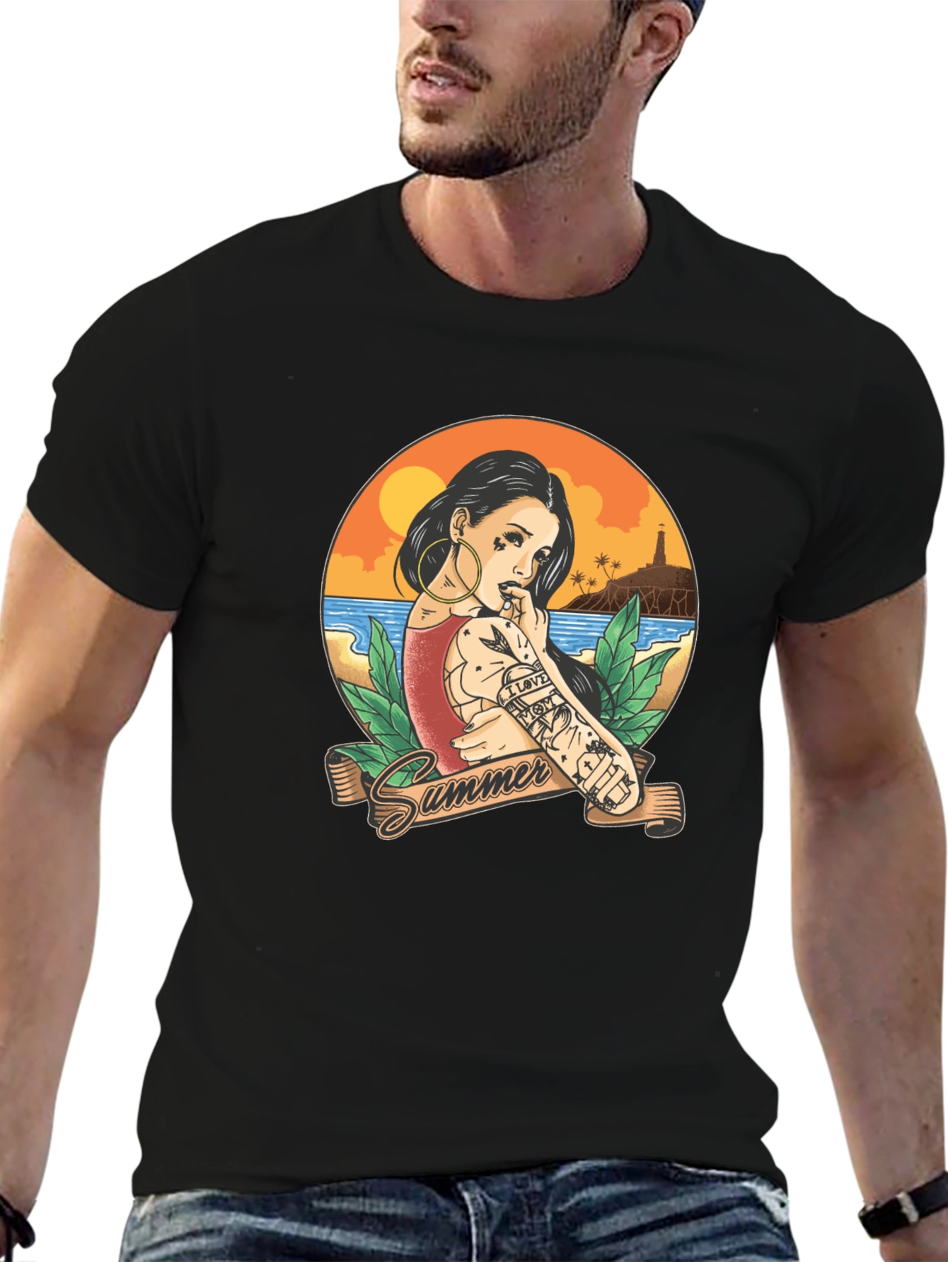 Summer Tattoo Girl Graphic T-Shirt - Black