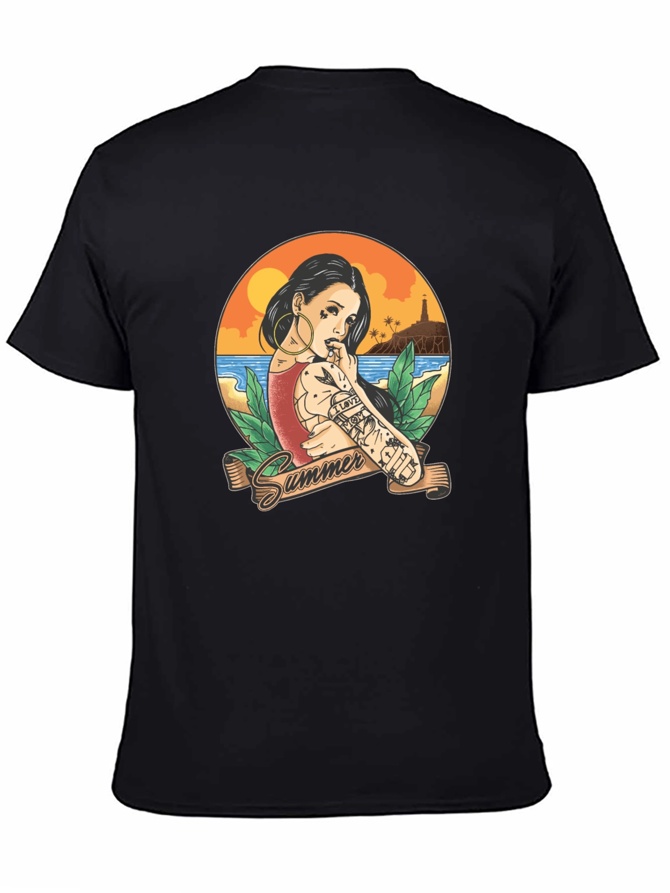 Summer Tattoo Girl Graphic T-Shirt - Black